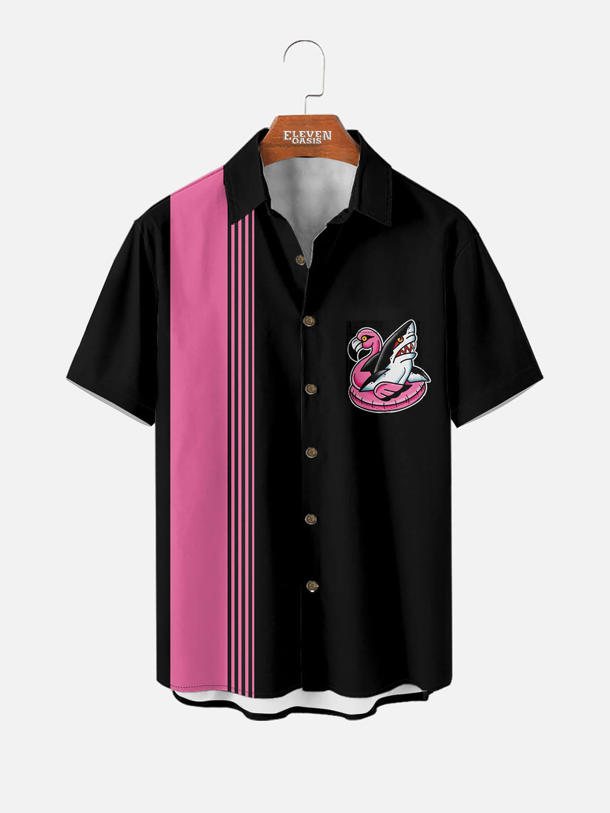 Men's Retro Stripe Flamingo Shark Float Short Sleeve Shirt Eleven Oasis