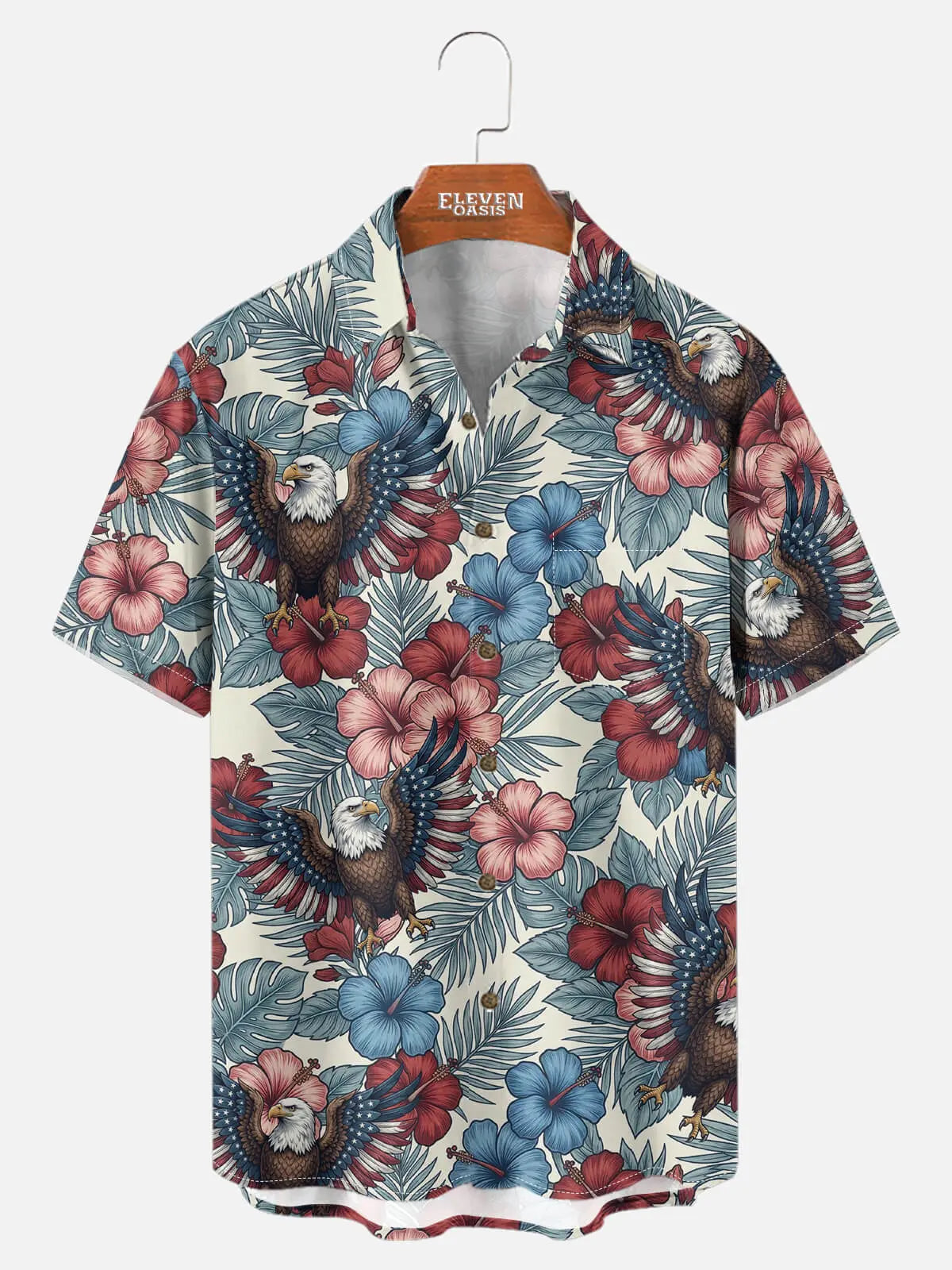 Tall Men's Patriotic Eagle Tropical Floral Short Sleeve Shirt ElevenOasis