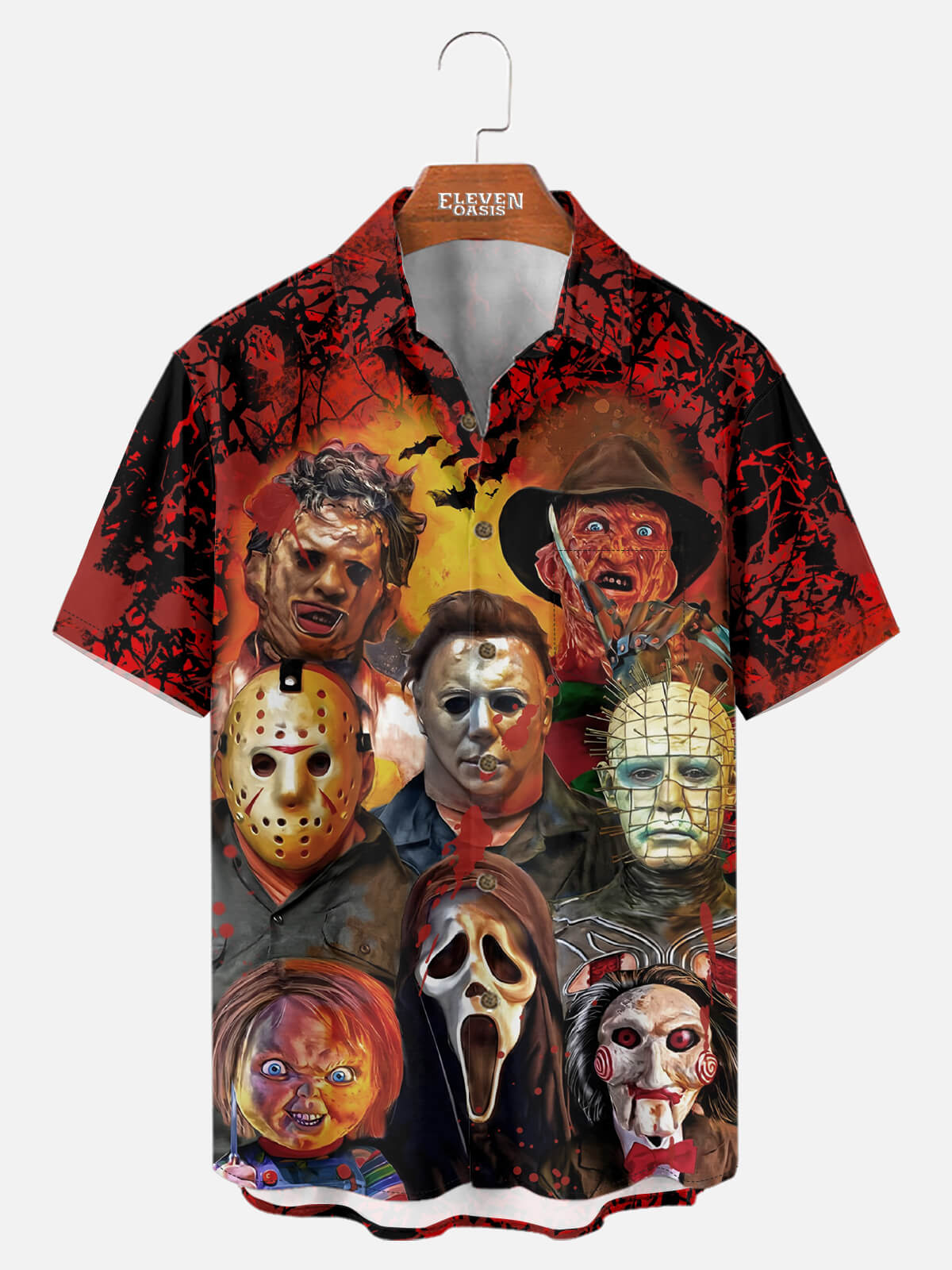 Tall Men's Horror Icons Mashup Halloween Short Sleeve Shirt Eleven Oasis