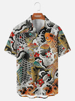 Men's Japanese Koi & Wave Tattoo Art Spread Collar Short Sleeve Shirt Eleven Oasis