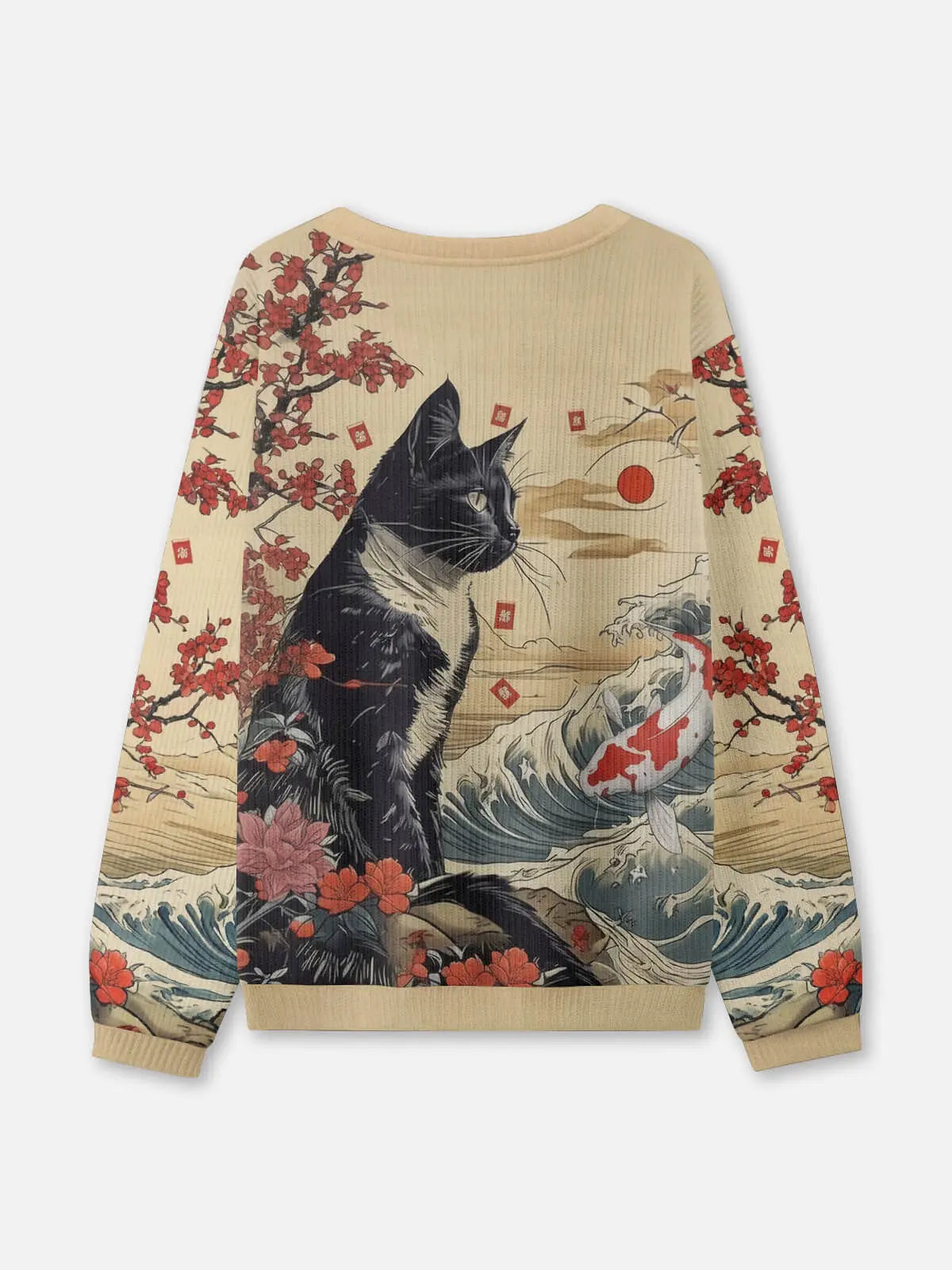 Japanese Cat Ink Art Crew Neck Sweatshirt ElevenOasis