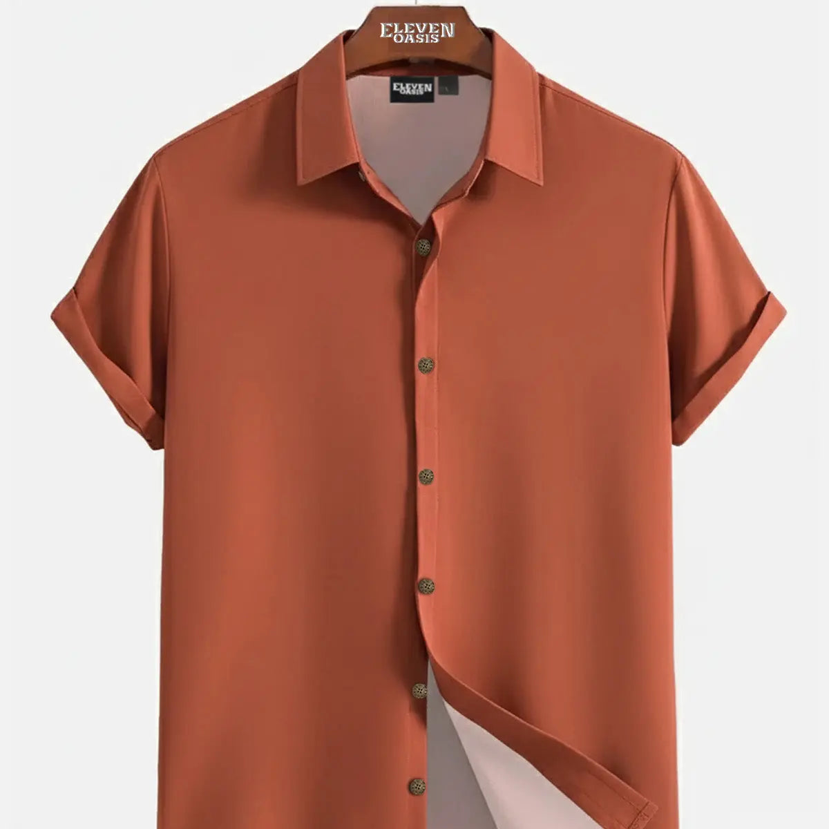 Men's Casual Linen-Feel Loose Printed Solid Color Button Short Sleeve Shirt ElevenOasis