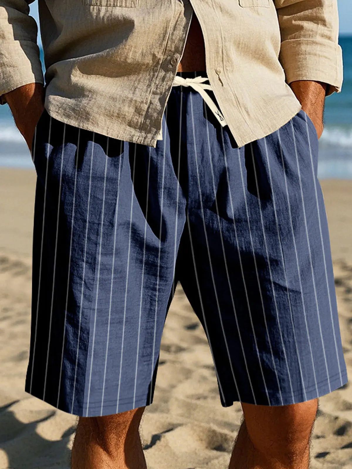 Men's Pinstripe Linen Blend Drawstring Shorts Eleven Oasis