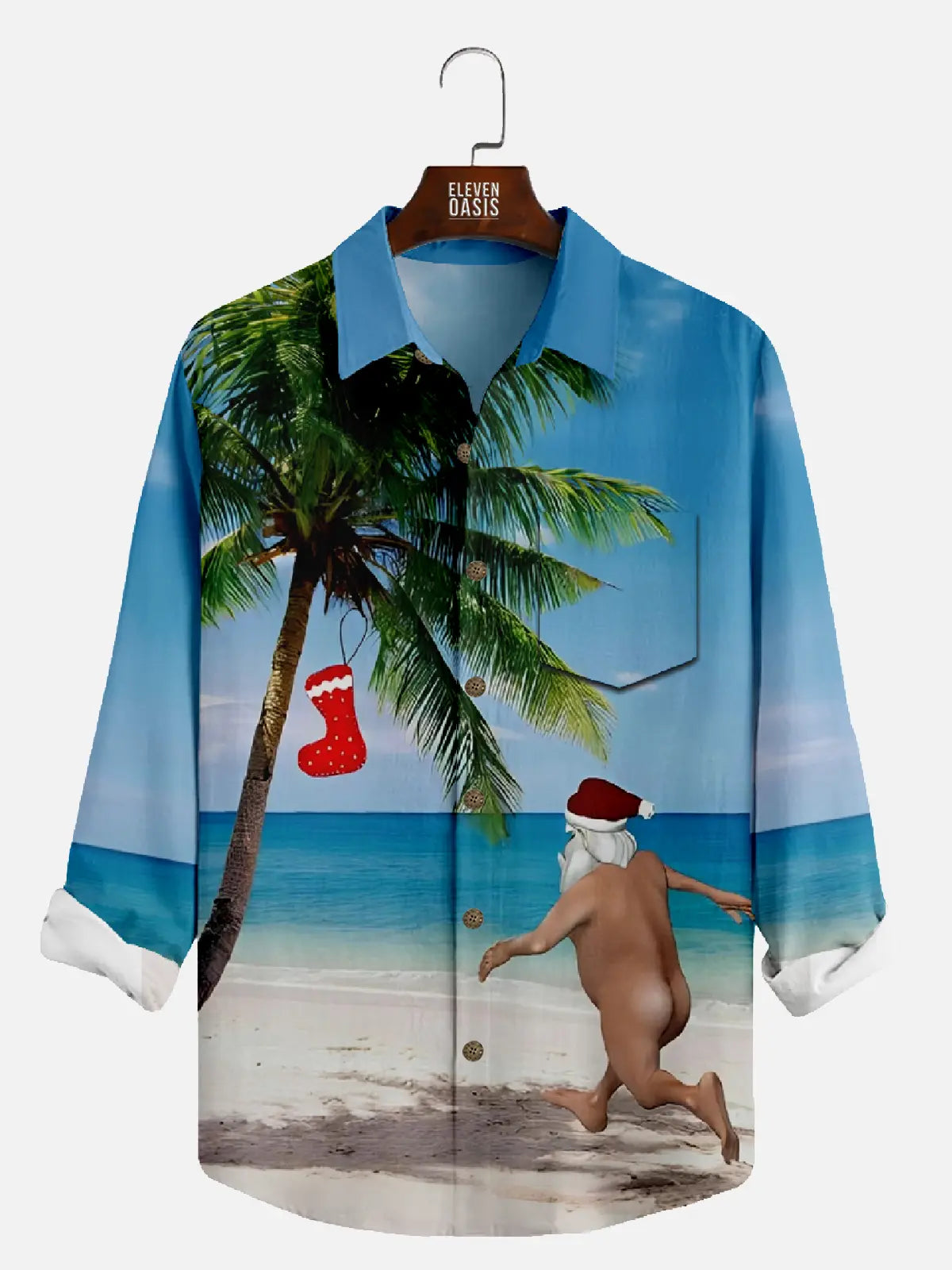 Men's Naked Santa Running on the Beach to a Christmas Stocking Palm Tree Long Sleeve Shirt Eleven Oasis
