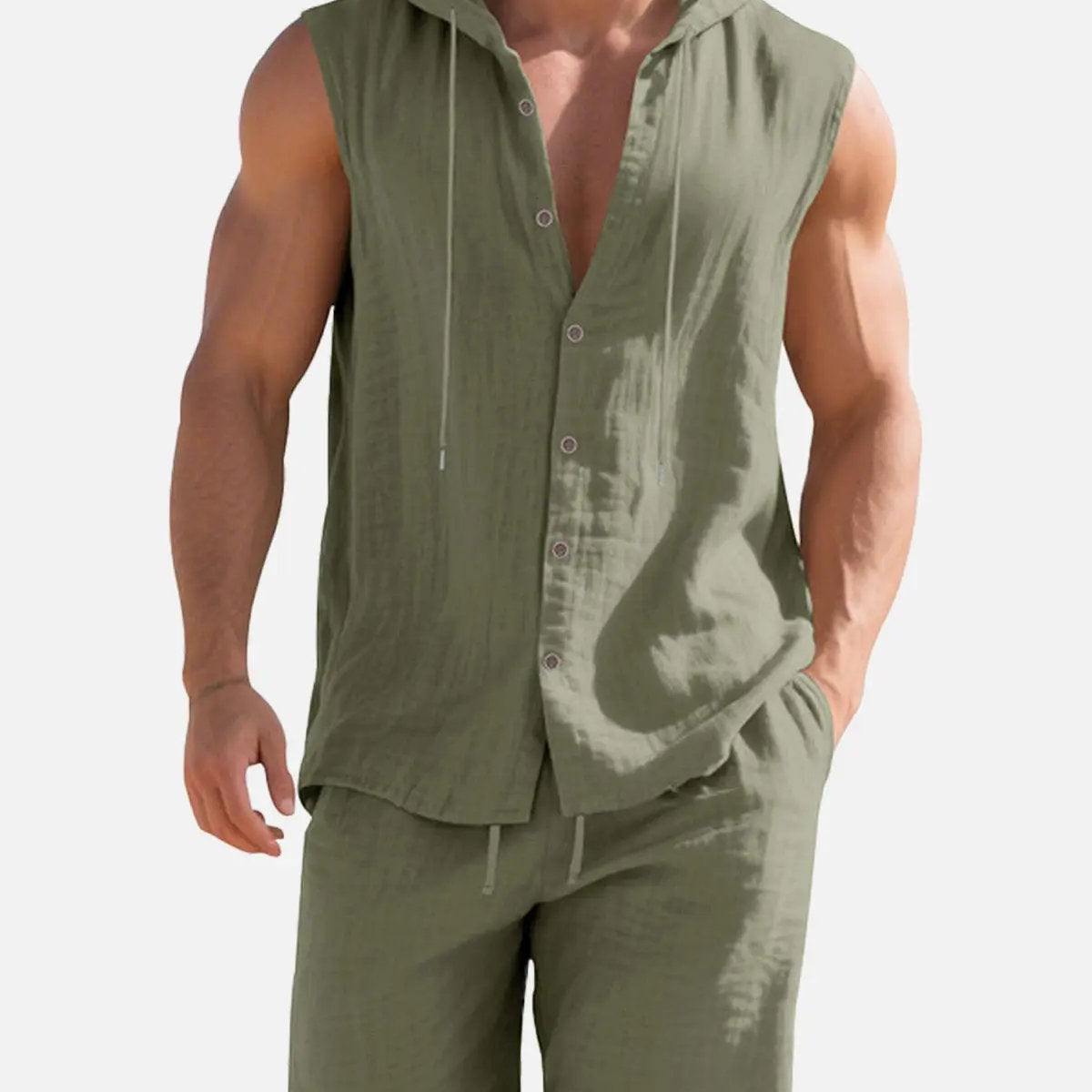 Men's Linen Hooded Sleeveless Matching Set ElevenOasis