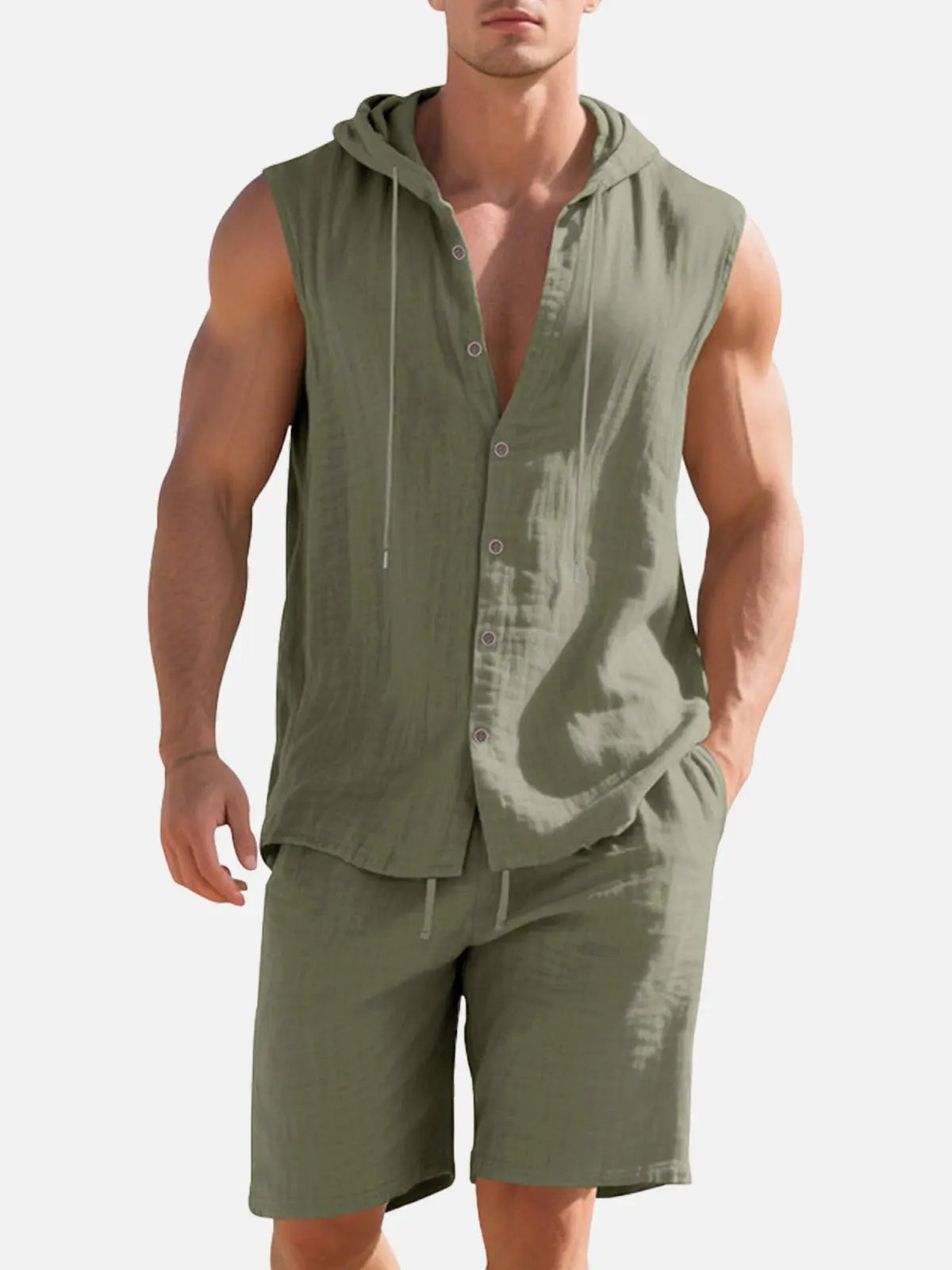 Men's Linen Hooded Sleeveless Matching Set ElevenOasis