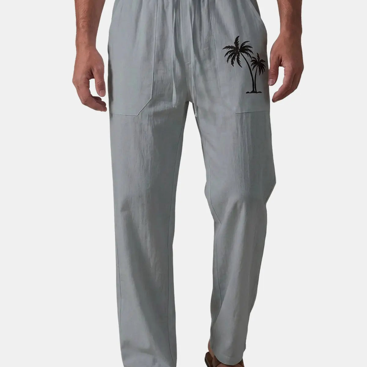 Men's Casual Palm-Print Linen Pants Eleven Oasis