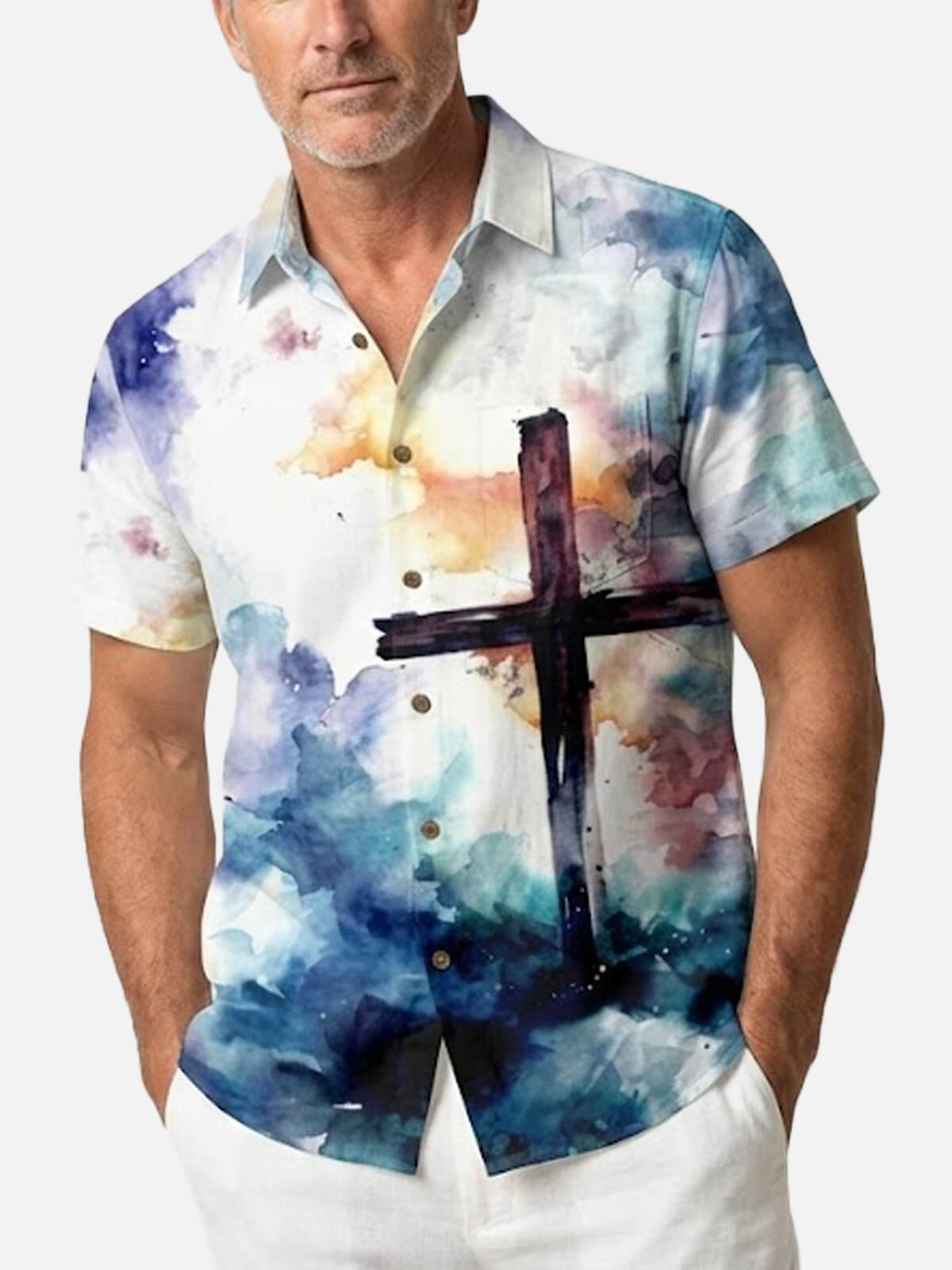 Men's Watercolor Cross Faith Short Sleeve Shirt Eleven Oasis