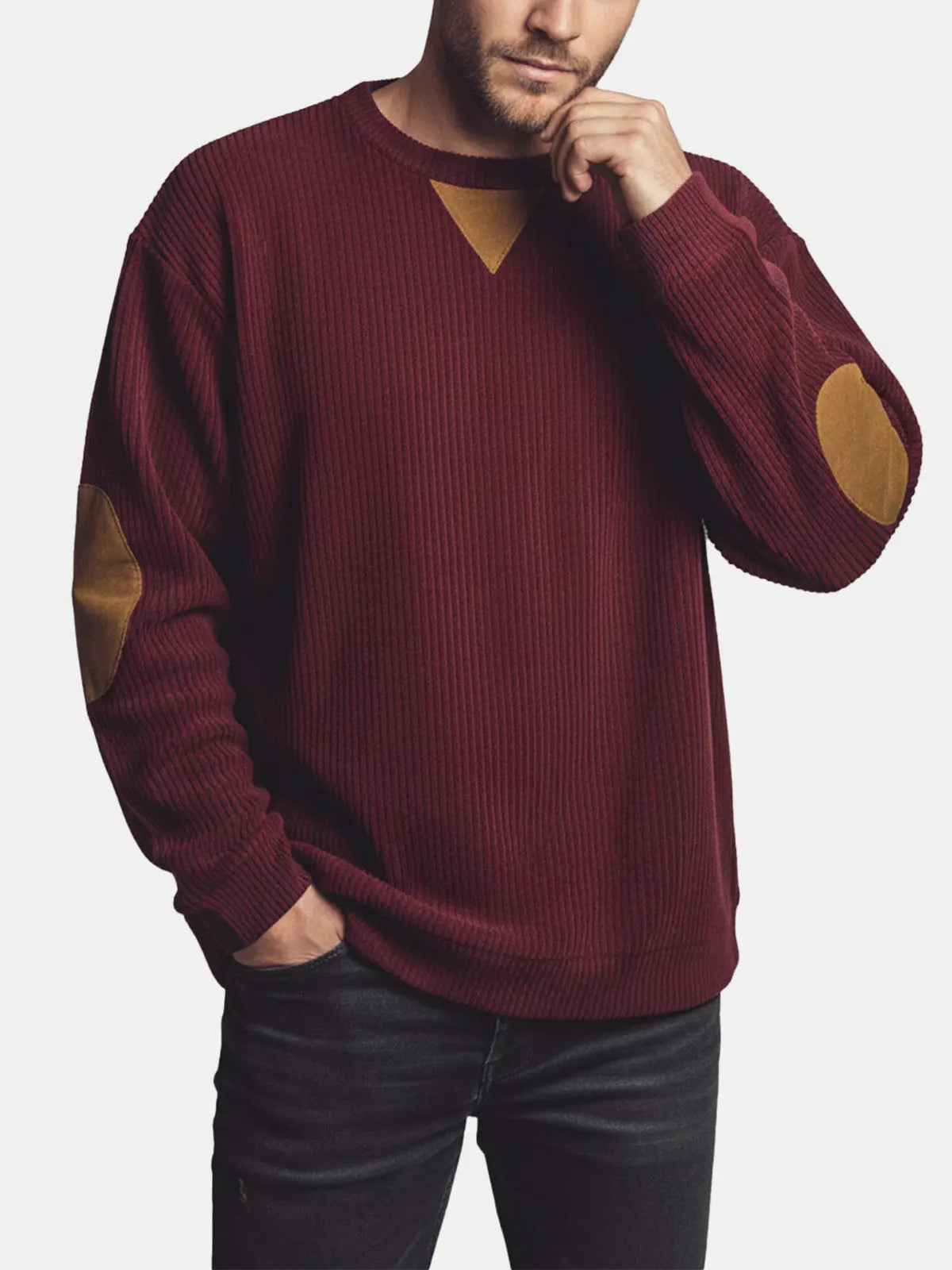 Men's Corduroy Elbow Patch Crew Neck Sweatshirt ElevenOasis