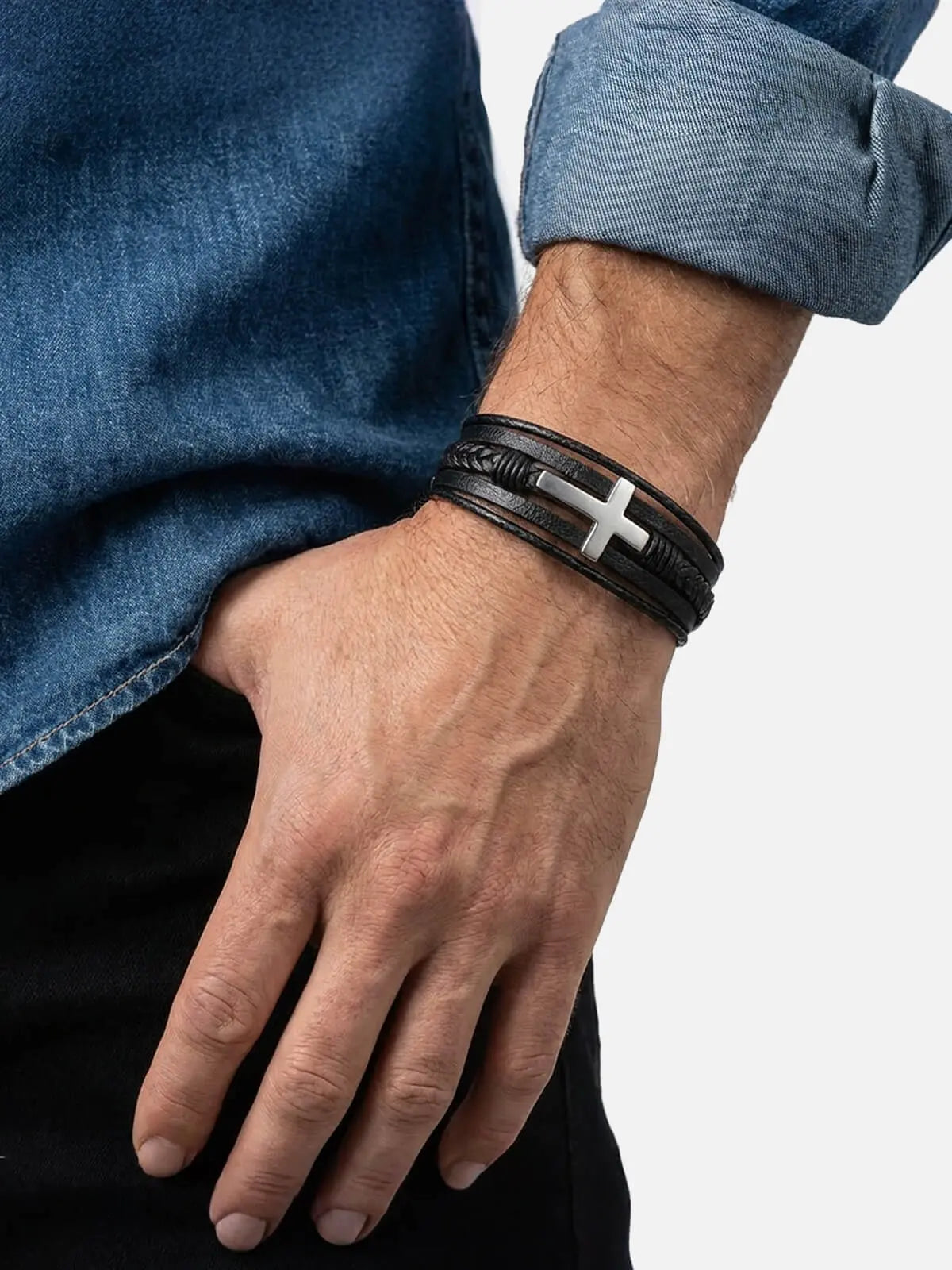 Men's Cross Braided Leather Bracelet Eleven Oasis