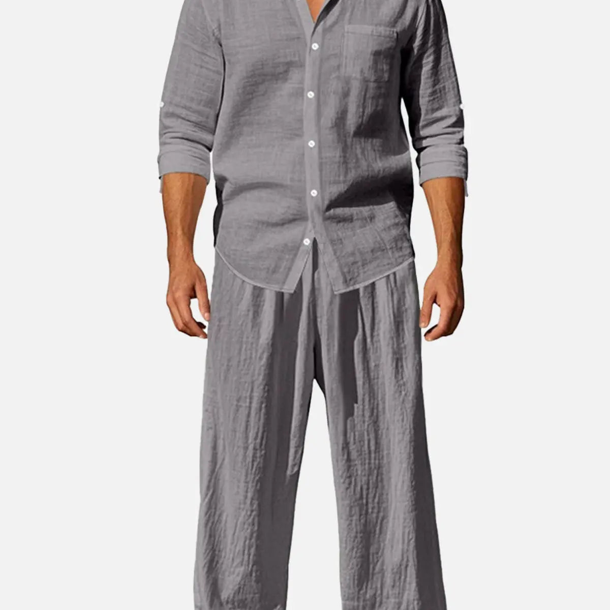 Men's Solid Color Linen Long Sleeve Elastic Waist Wide Leg Set Vacation Slow Living Linen Ensemble ElevenOasis