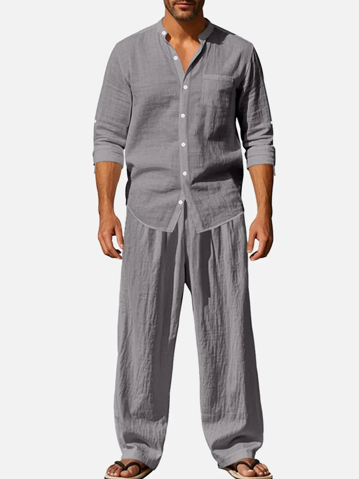 Men's Solid Color Linen Long Sleeve Elastic Waist Wide Leg Set Vacation Slow Living Linen Ensemble ElevenOasis