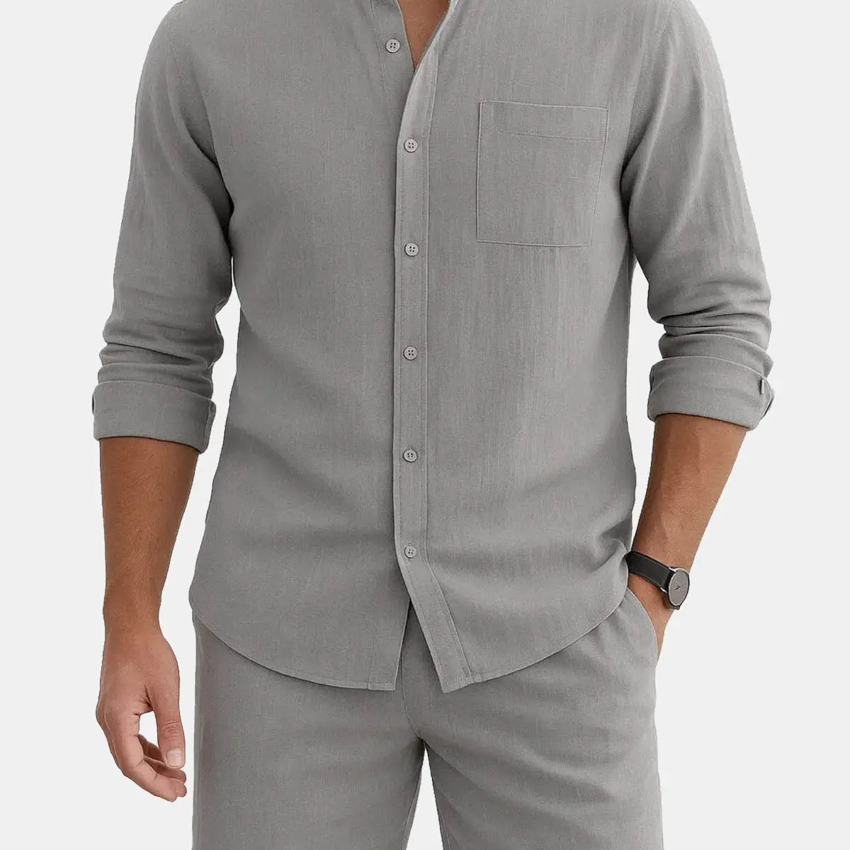 Men's Modern Band Collar Linen Short Set ElevenOasis