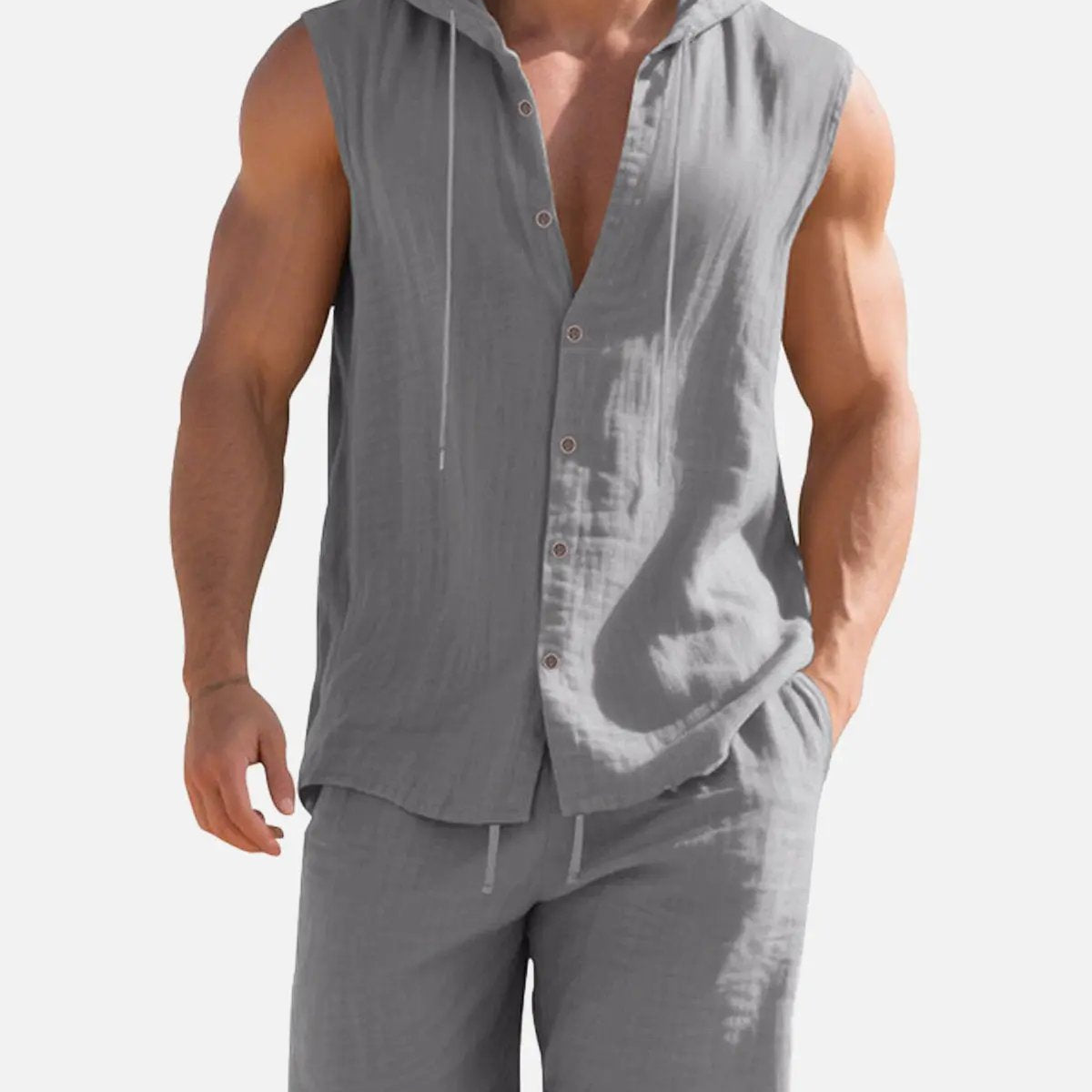 Men's Linen Hooded Sleeveless Matching Set ElevenOasis