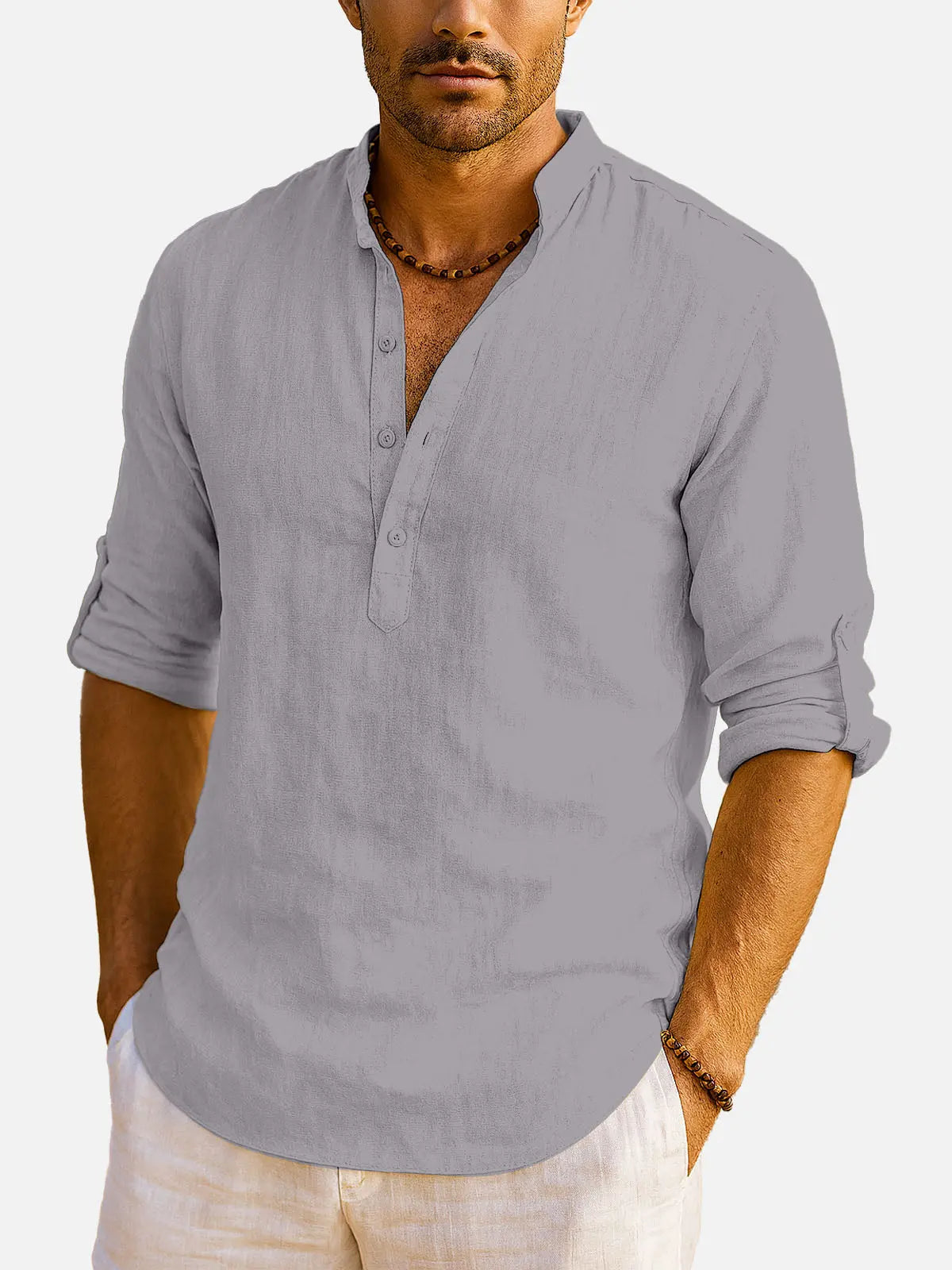 Men's Cotton Stand Collar Long Sleeve Shirt ElevenOasis