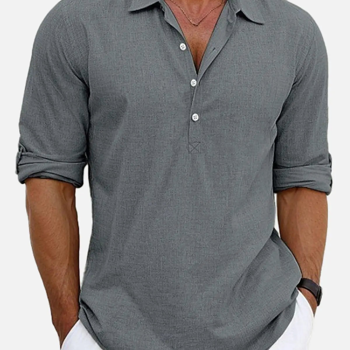 Men's Cotton Stand Collar Long Sleeve Popover Shirt ElevenOasis