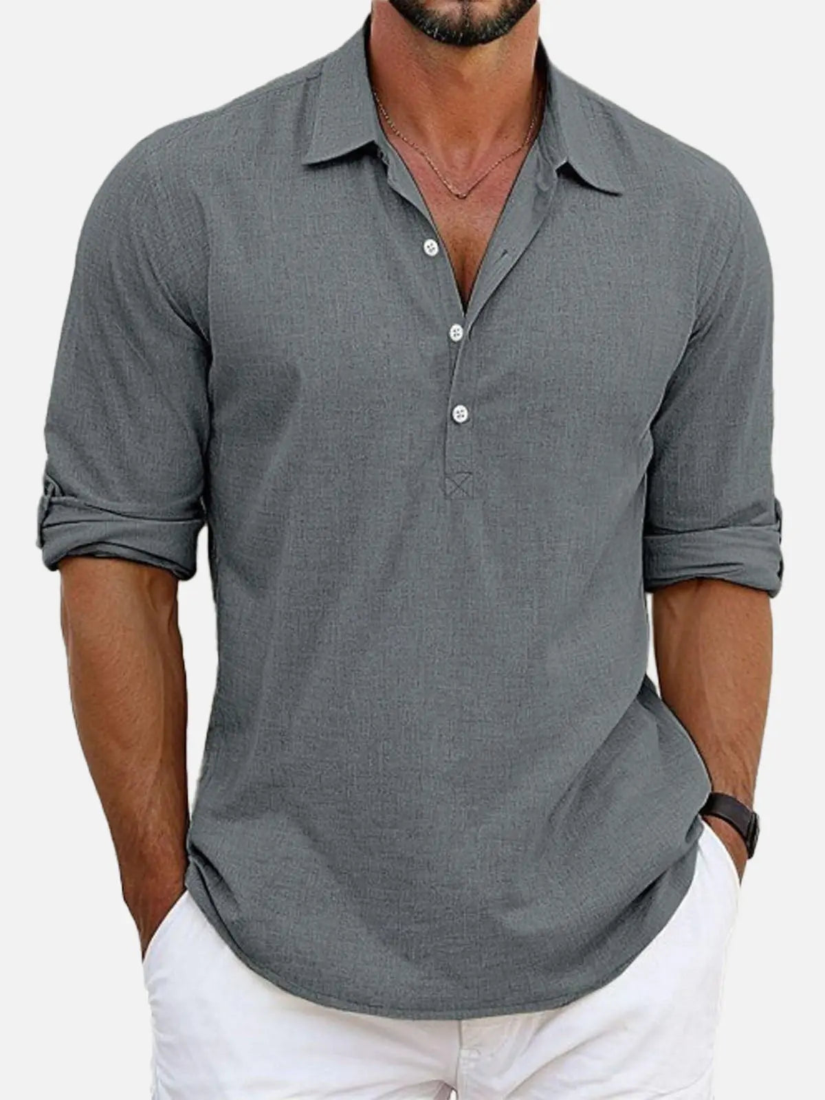 Men's Cotton Stand Collar Long Sleeve Popover Shirt ElevenOasis