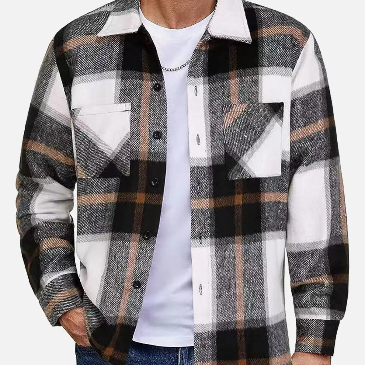 Men's Warm Plaid Button-Up Long Sleeve Shirt Jacket ElevenOasis
