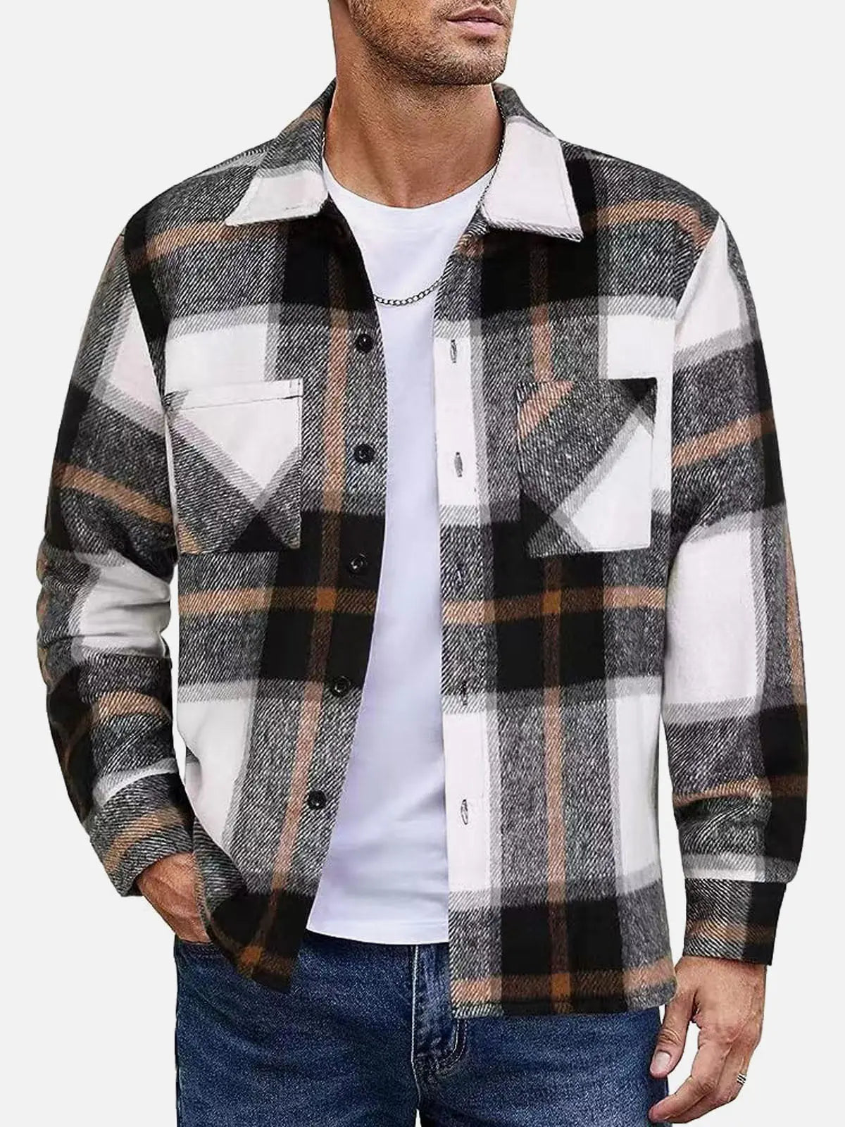 Men's Warm Plaid Button-Up Long Sleeve Shirt Jacket ElevenOasis