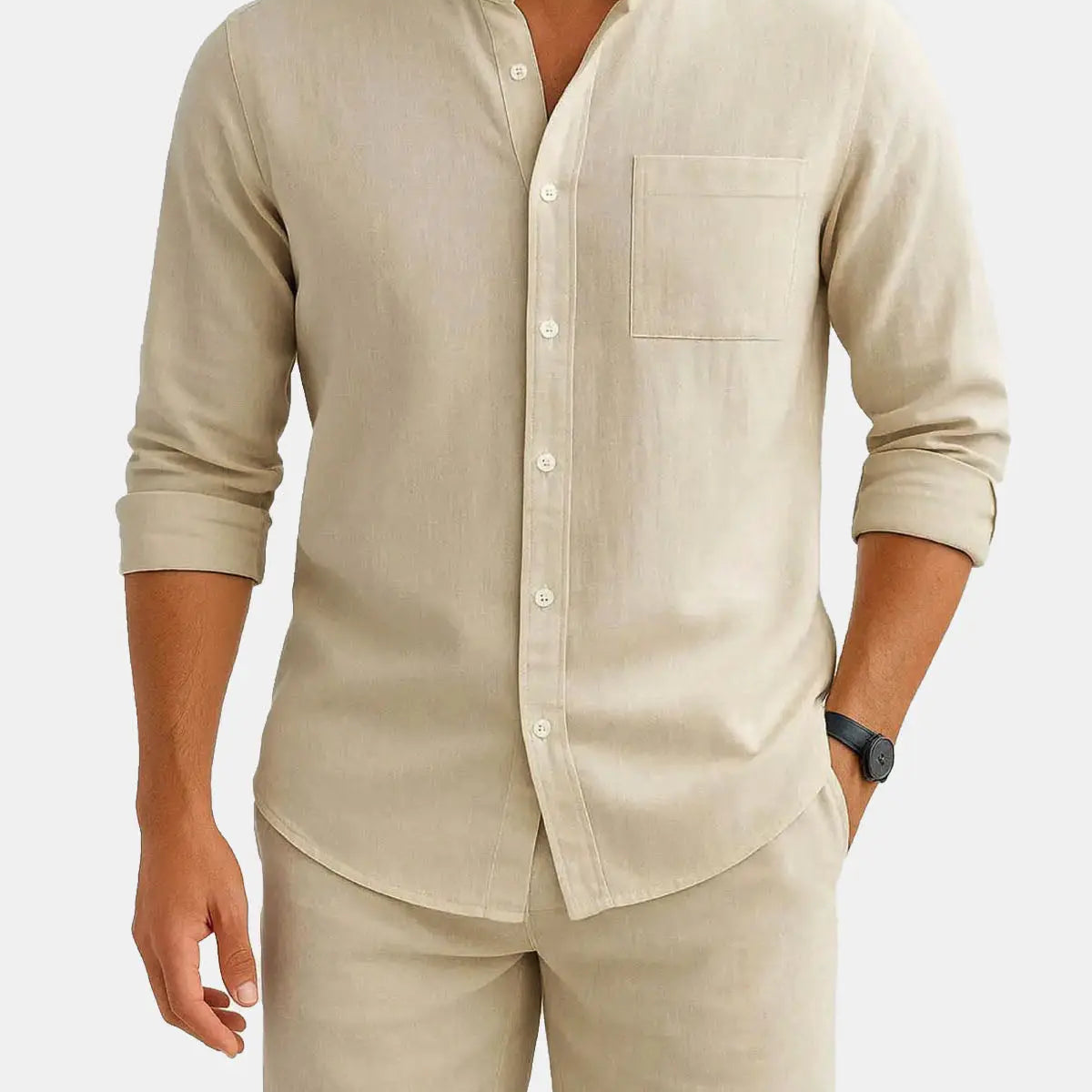 Men's Modern Band Collar Linen Short Set ElevenOasis