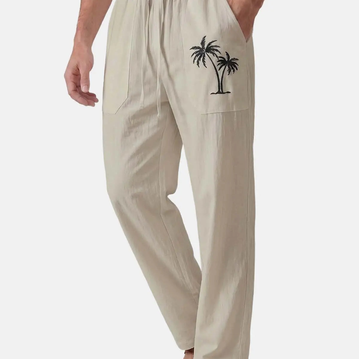 Men's Casual Palm-Print Linen Pants Eleven Oasis