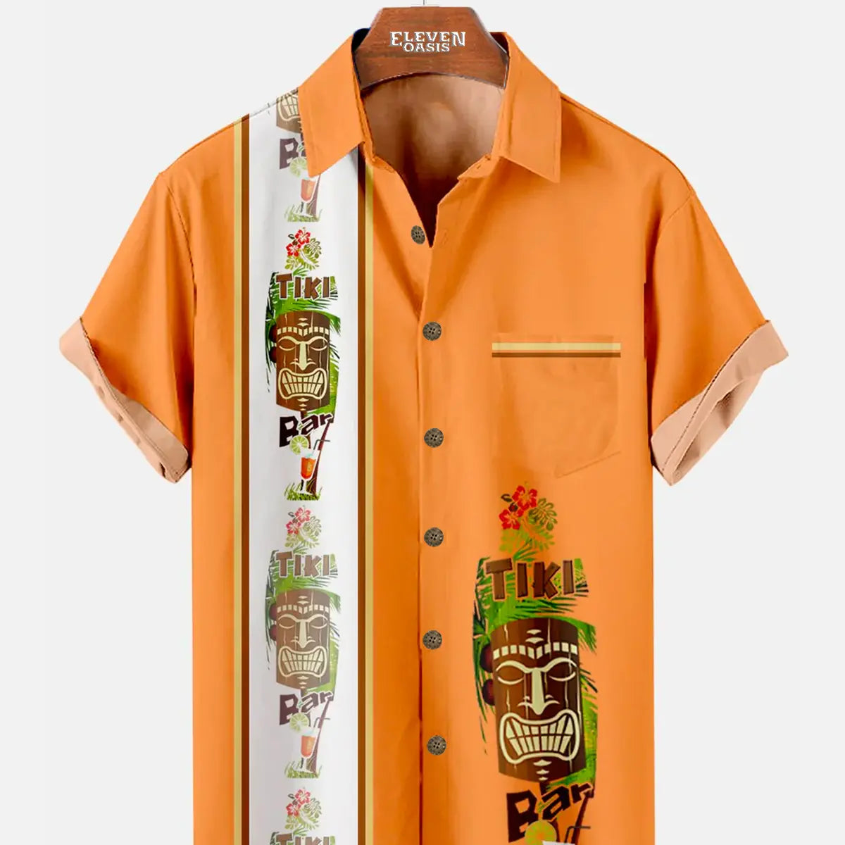 Men's Hawaiian Tiki Print Bowling Casual Short Sleeve Shirt with Chest Pocket Eleven Oasis