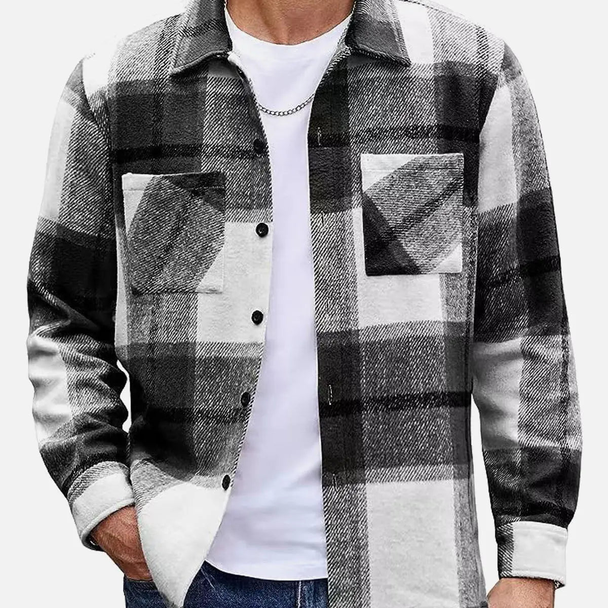 Men's Warm Plaid Button-Up Long Sleeve Shirt Jacket ElevenOasis