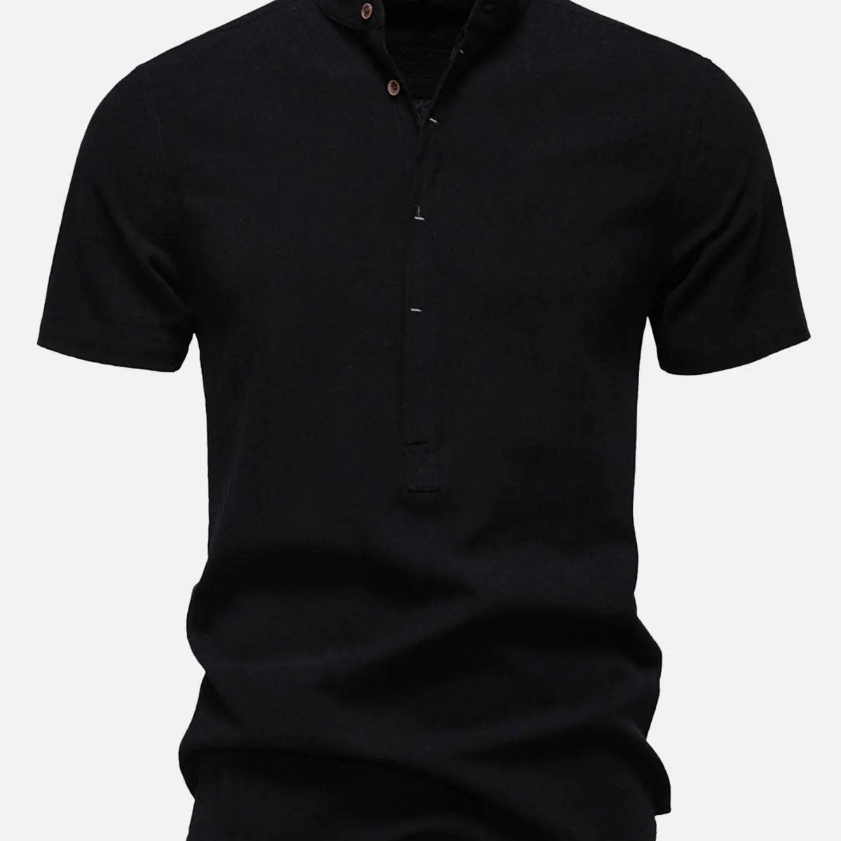 Men's Cotton Linen Band Collar Short Sleeve Shirt ElevenOasis