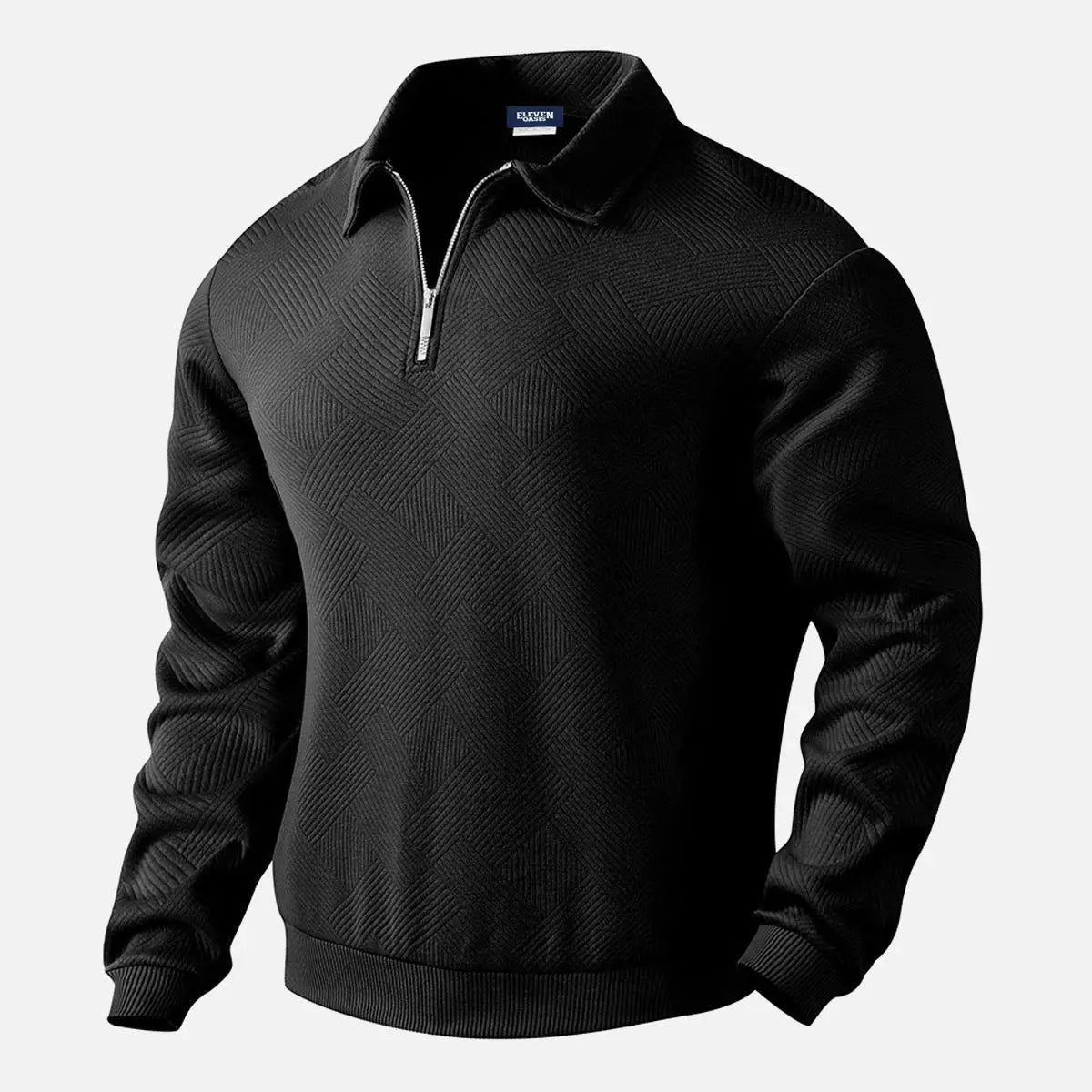 Men's Black Textured Half-Zip Pullover Sweatshirt ElevenOasis