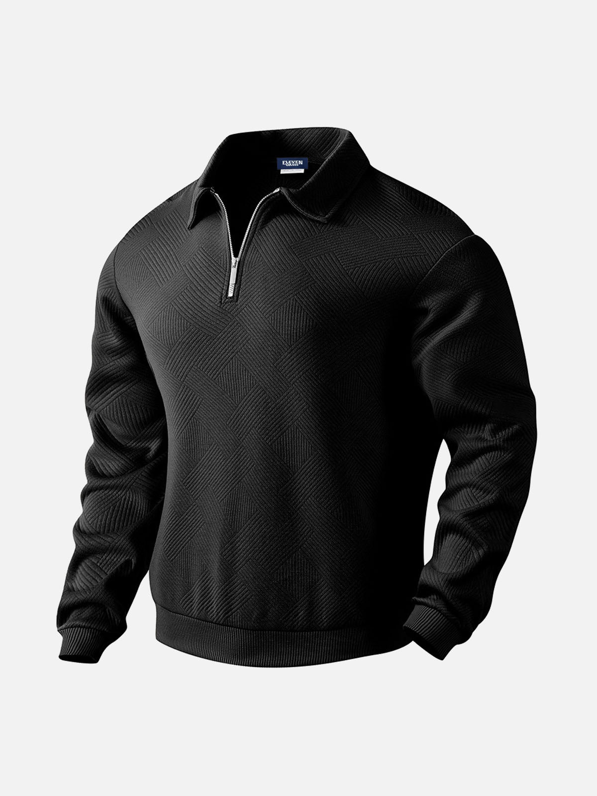Men's Black Textured Half-Zip Pullover Sweatshirt ElevenOasis