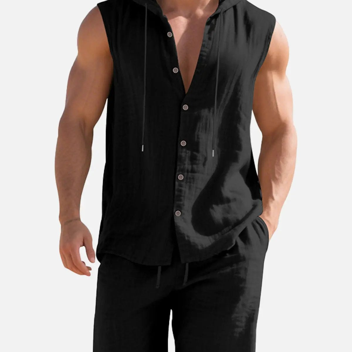 Men's Linen Hooded Sleeveless Matching Set ElevenOasis