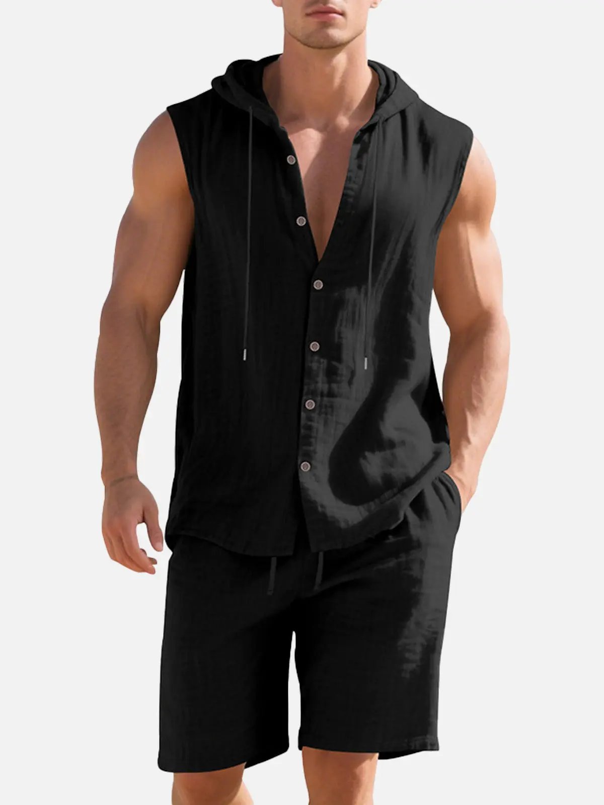 Men's Linen Hooded Sleeveless Matching Set ElevenOasis