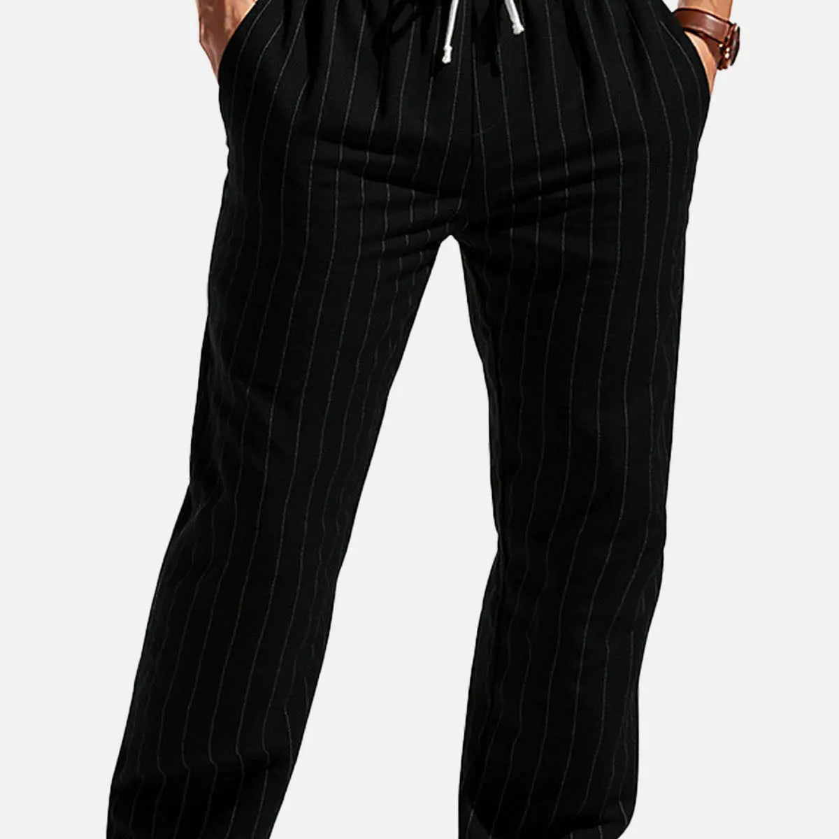 Men's Pinstripe Linen Blend Drawstring Pants ElevenOasis