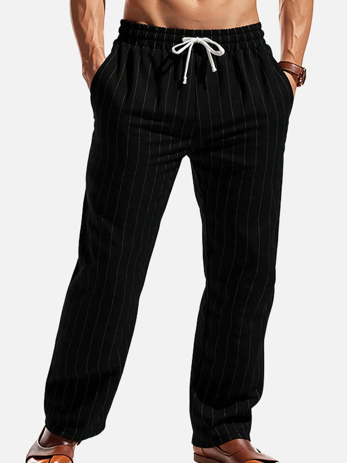 Men's Pinstripe Linen Blend Drawstring Pants ElevenOasis