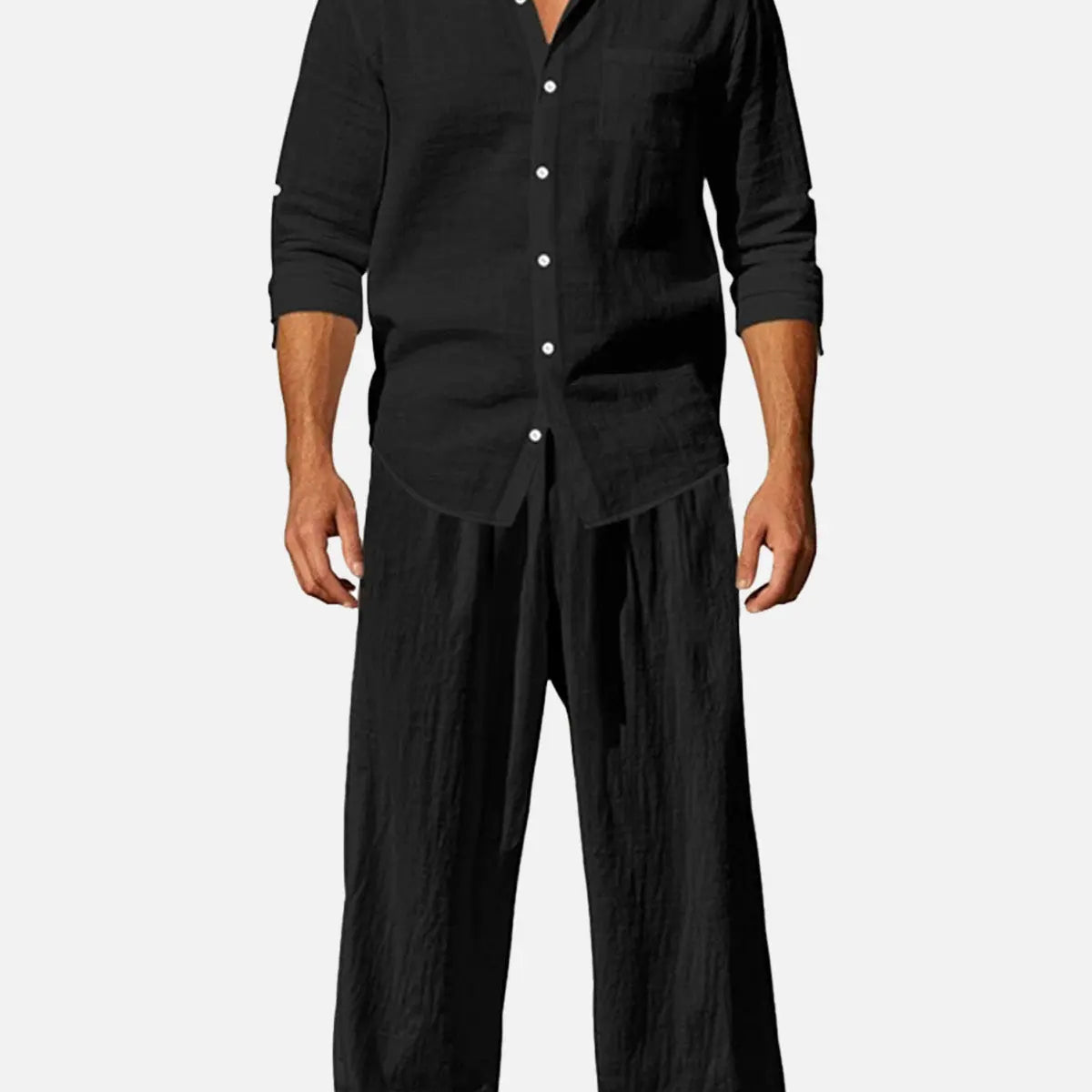 Men's Solid Color Linen Long Sleeve Elastic Waist Wide Leg Set Vacation Slow Living Linen Ensemble ElevenOasis