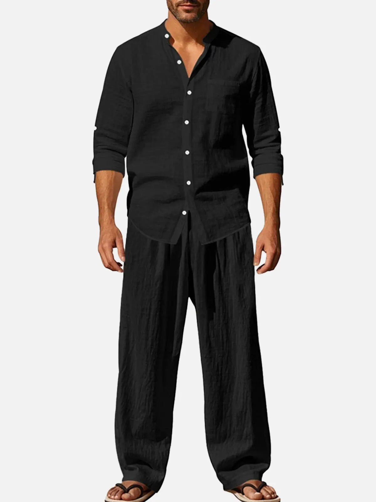 Men's Solid Color Linen Long Sleeve Elastic Waist Wide Leg Set Vacation Slow Living Linen Ensemble ElevenOasis