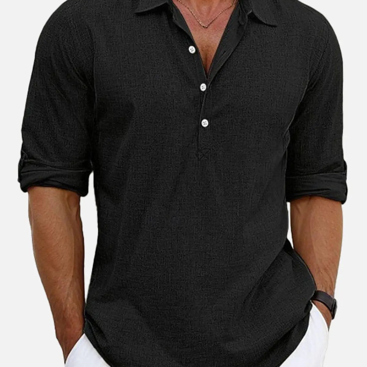 Men's Cotton Stand Collar Long Sleeve Popover Shirt ElevenOasis