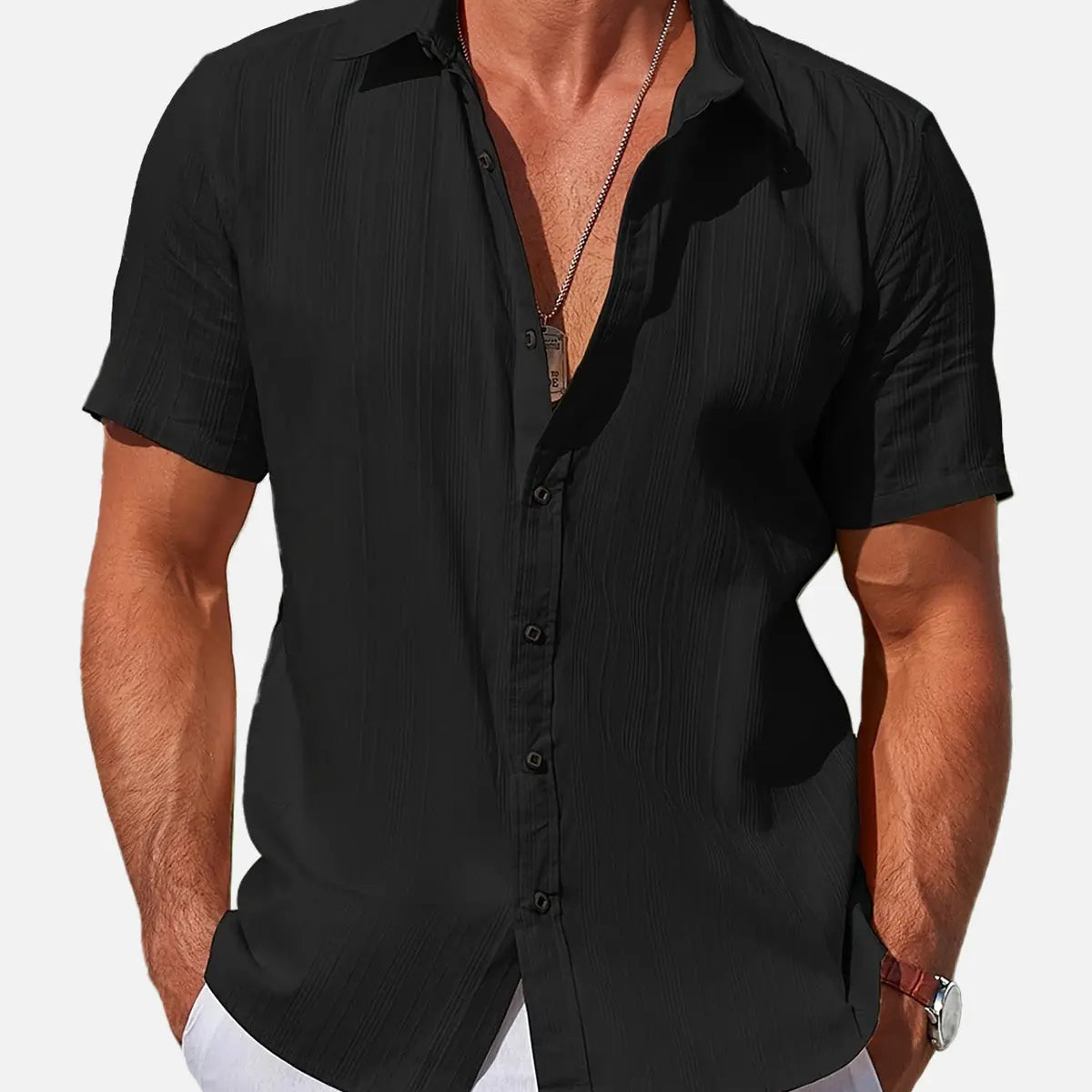 Men's Striped Textured Cotton Short Sleeve Shirt Eleven Oasis