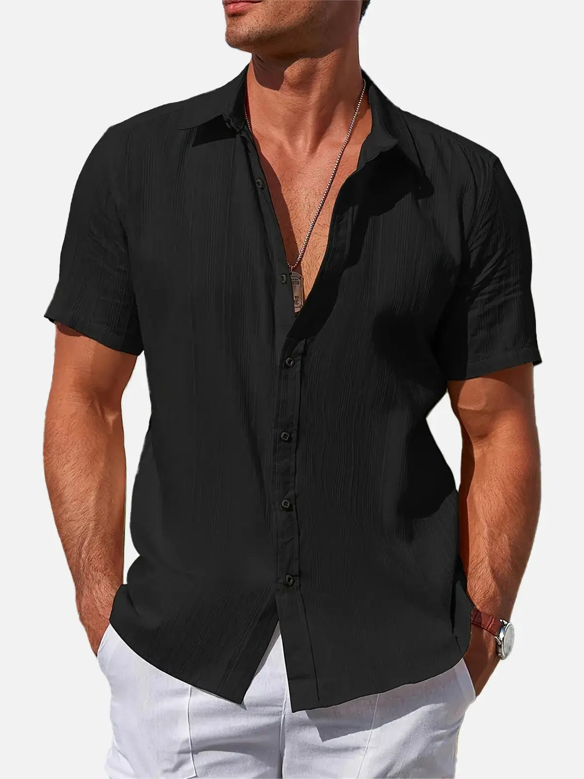 Men's Striped Textured Cotton Short Sleeve Shirt Eleven Oasis