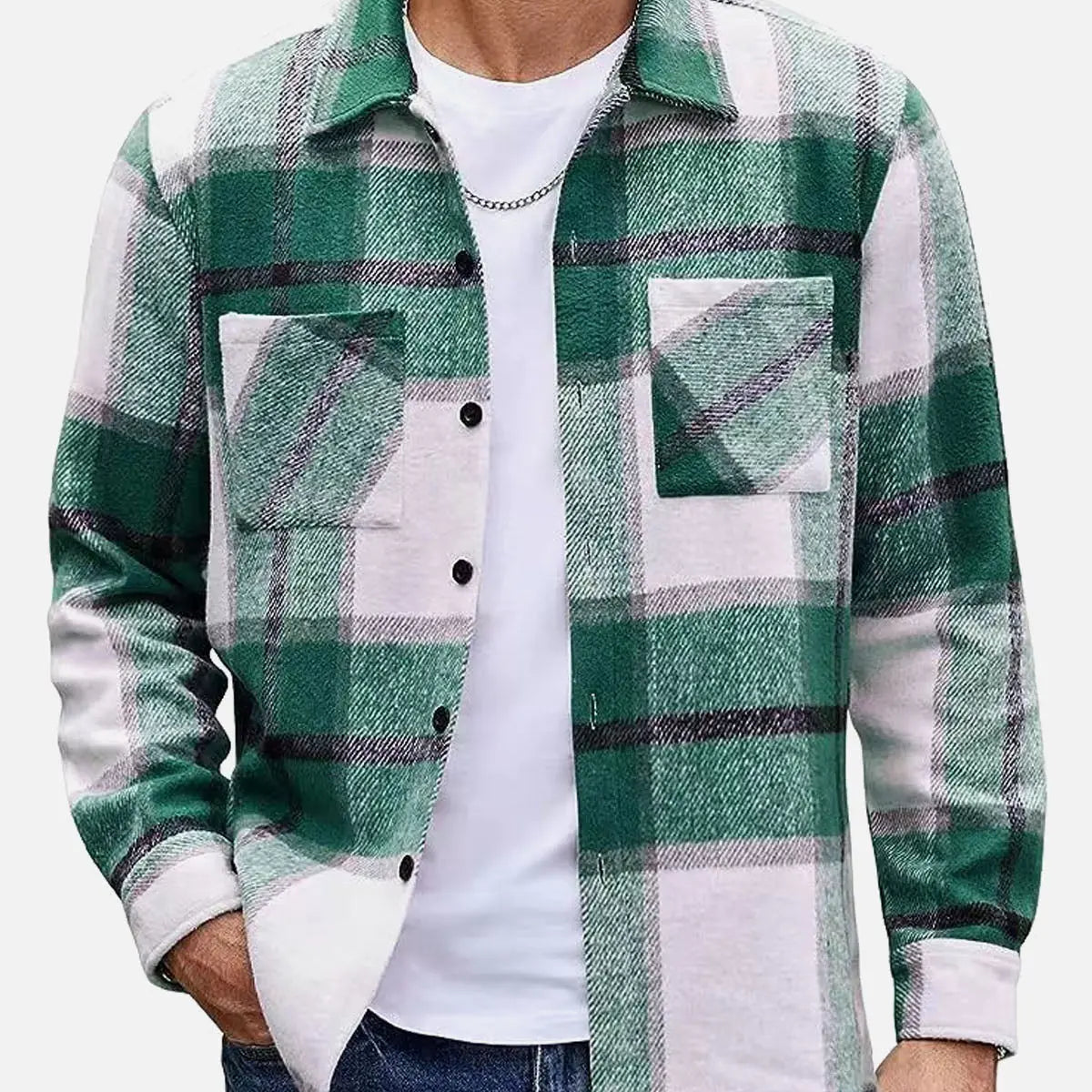 Men's Warm Plaid Button-Up Long Sleeve Shirt Jacket ElevenOasis