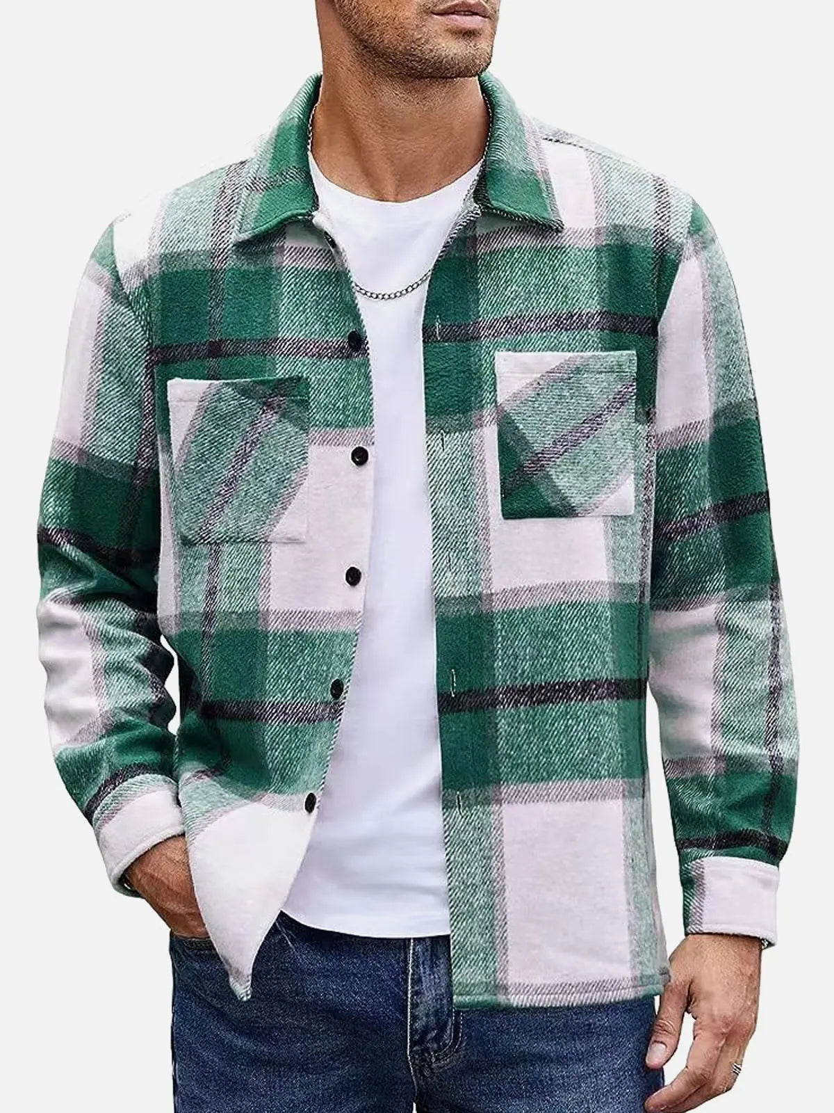Men's Warm Plaid Button-Up Long Sleeve Shirt Jacket ElevenOasis