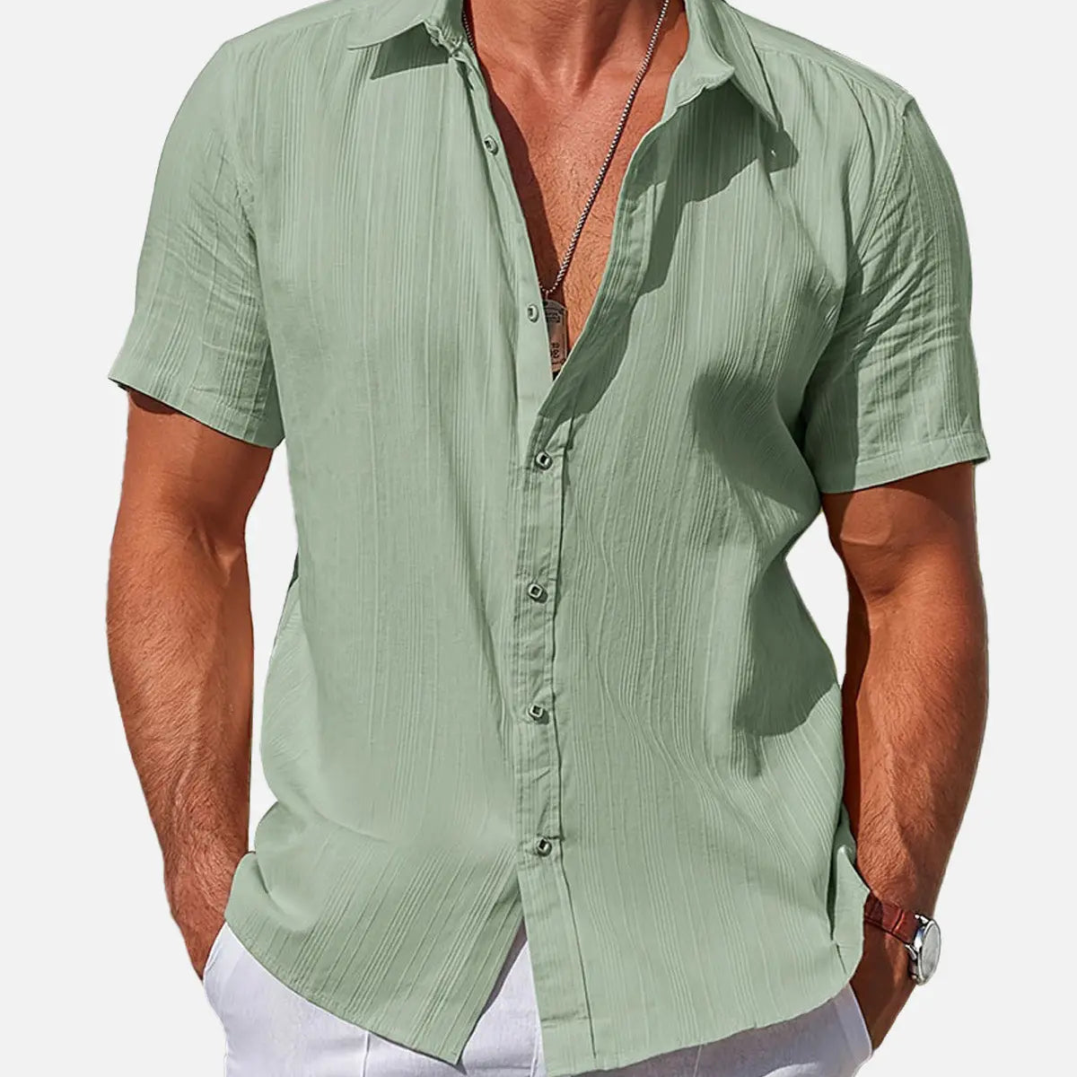 Men's Striped Textured Cotton Short Sleeve Shirt Eleven Oasis