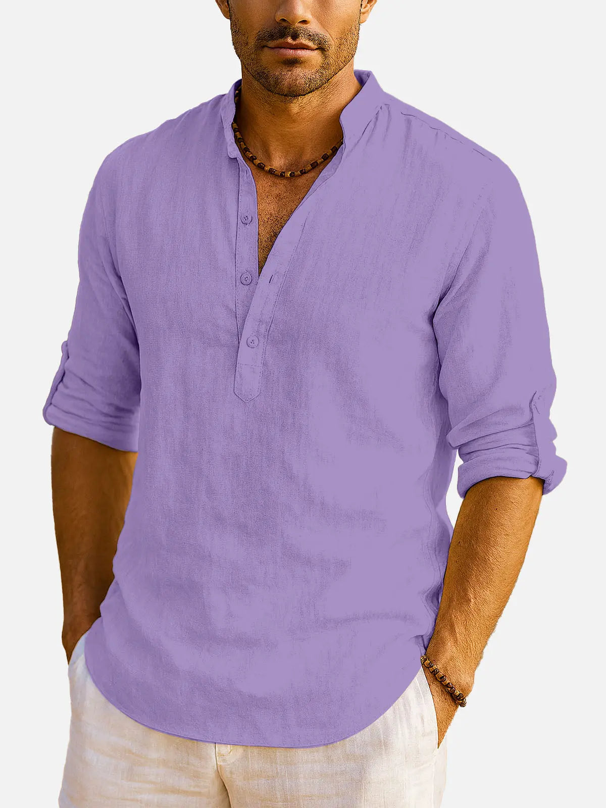 Men's Cotton Stand Collar Long Sleeve Shirt ElevenOasis