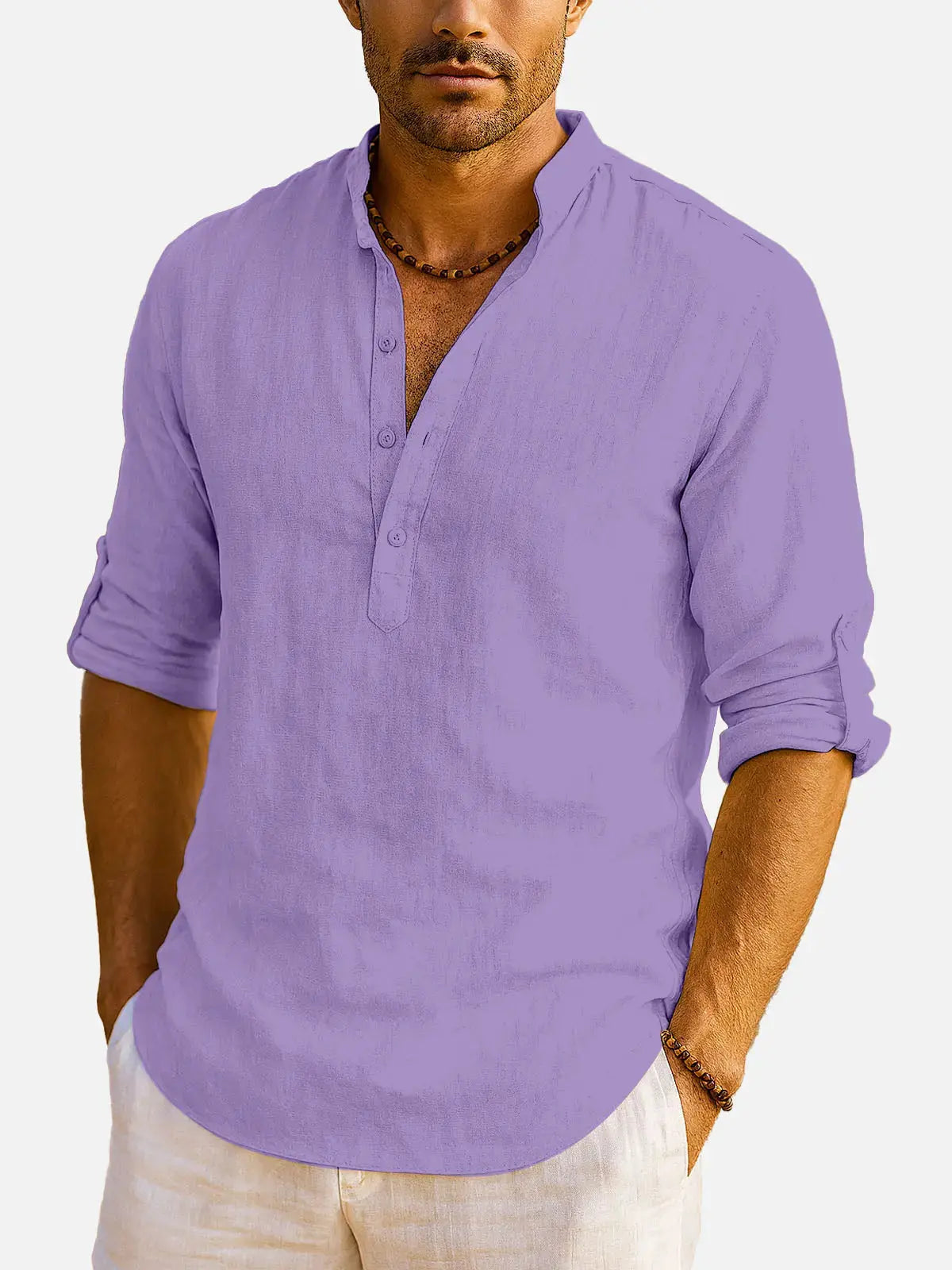 Men's Cotton Stand Collar Long Sleeve Shirt ElevenOasis