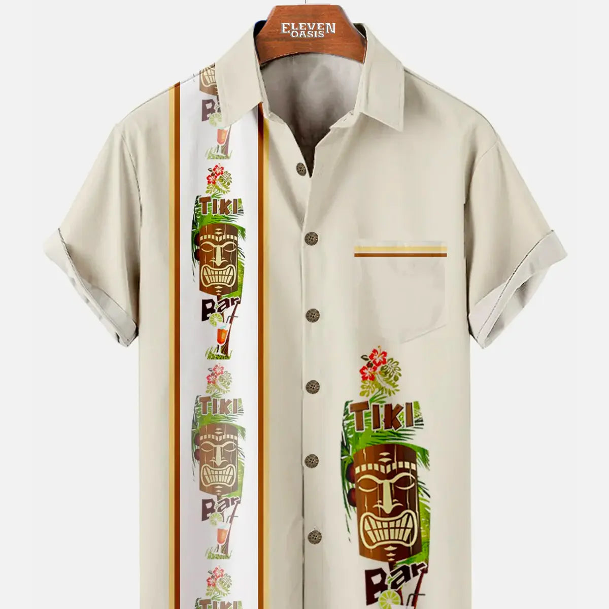 Men's Hawaiian Tiki Print Bowling Casual Short Sleeve Shirt with Chest Pocket Eleven Oasis
