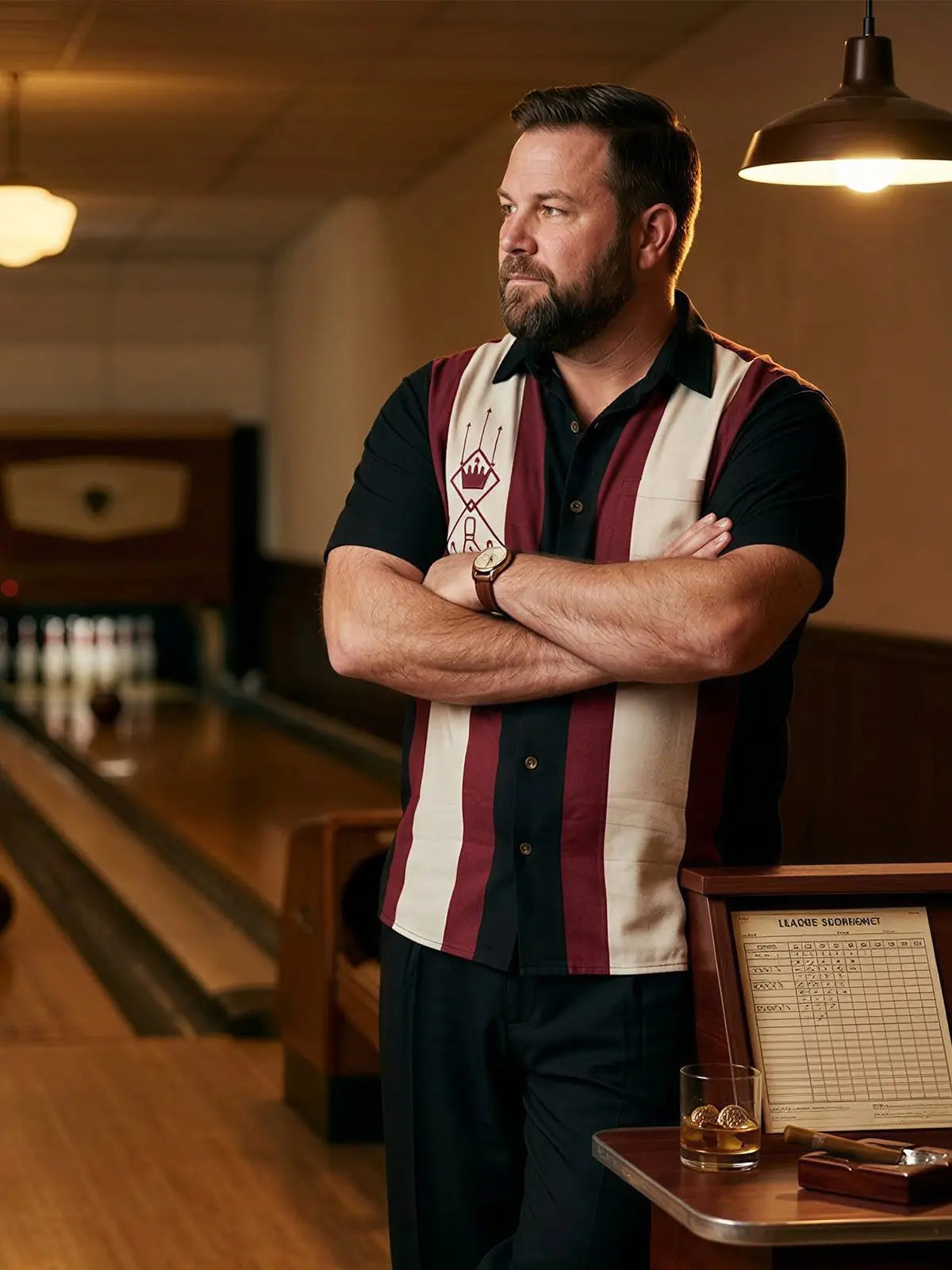 Men's Kingpin Stripe Bowling Short Sleeve Shirt Eleven Oasis