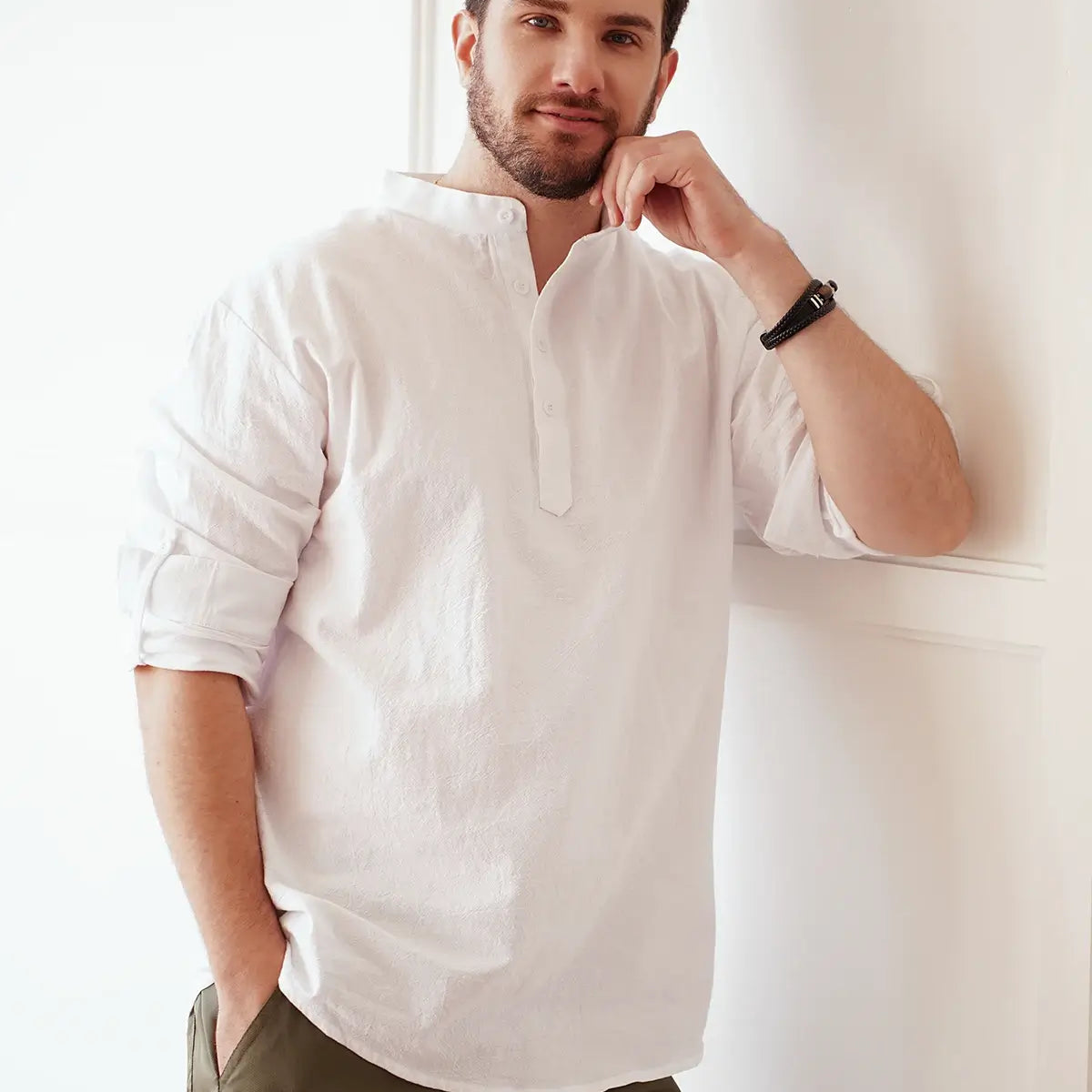 Men's Cotton Stand Collar Long Sleeve Shirt ElevenOasis