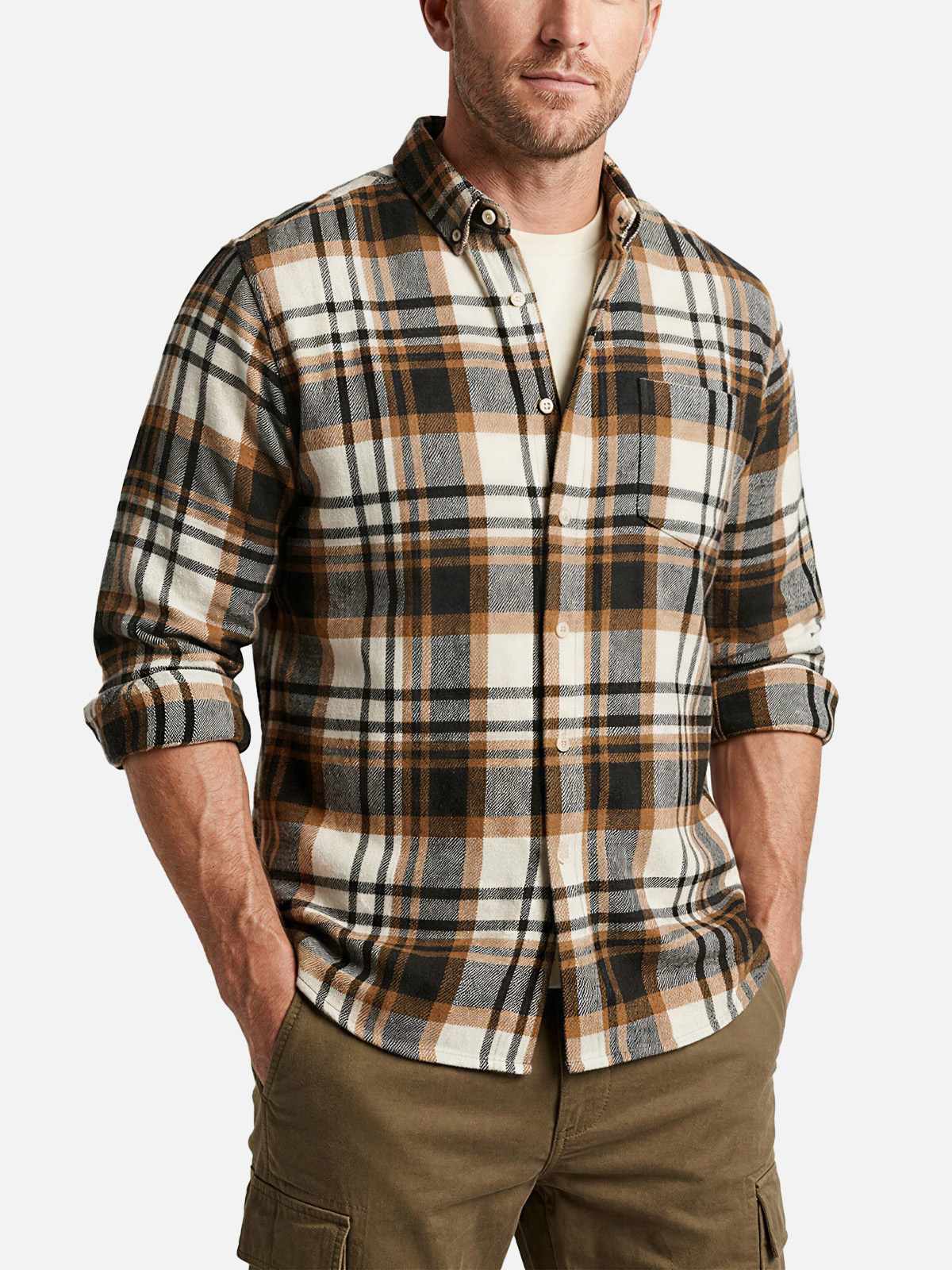 Men's Brushed Cotton Plaid Pocket Long Sleeve Shirt Eleven Oasis