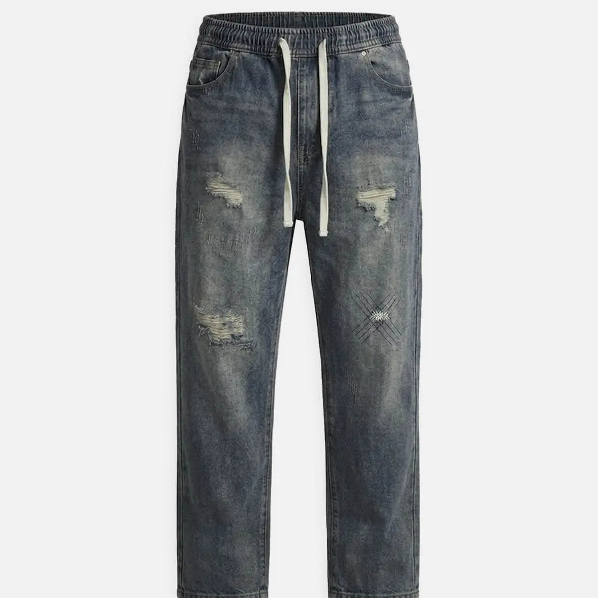 Men's Washed Distressed Denim Drawstring Tapered Pants Eleven Oasis