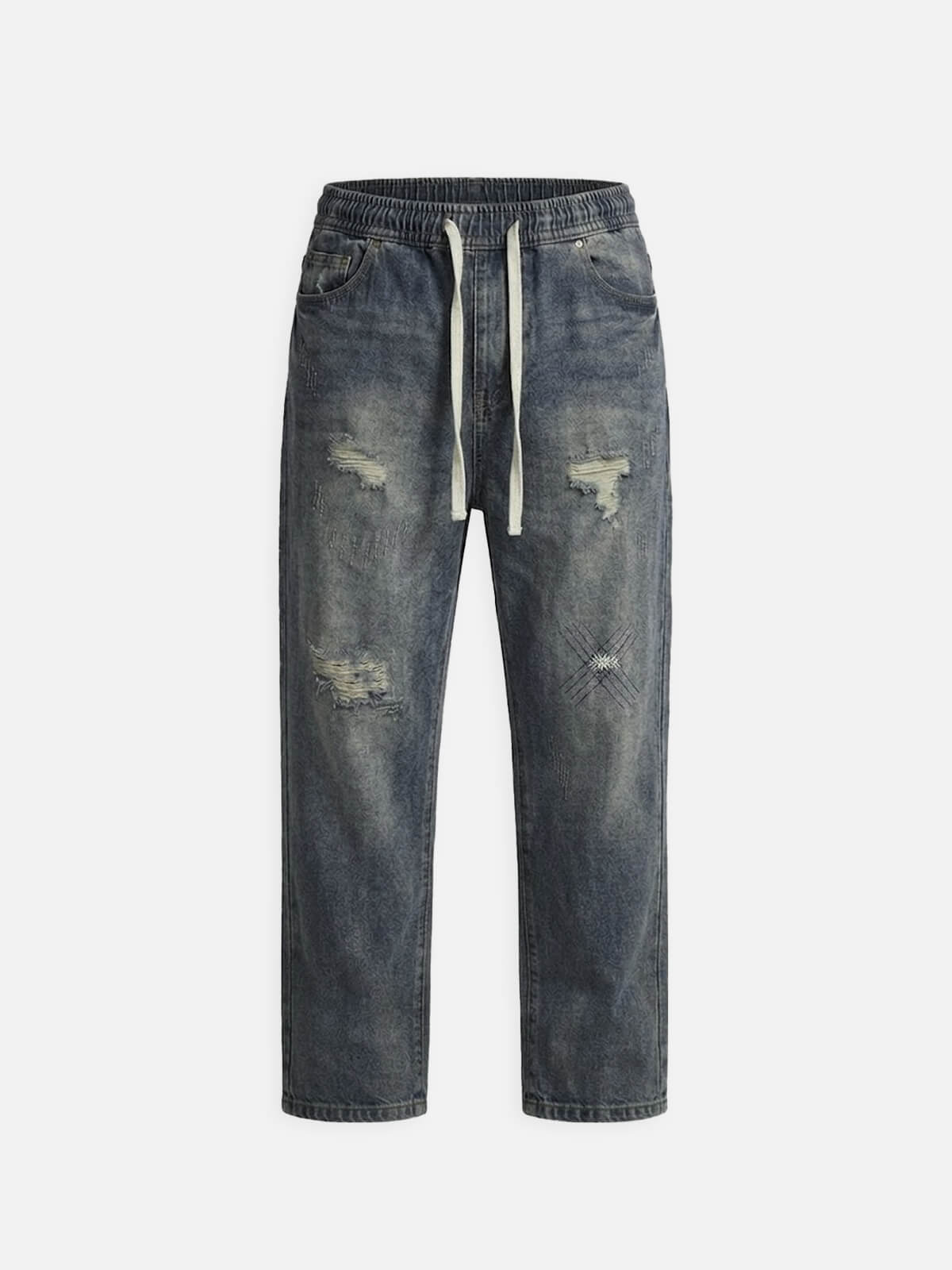 Men's Washed Distressed Denim Drawstring Tapered Pants Eleven Oasis